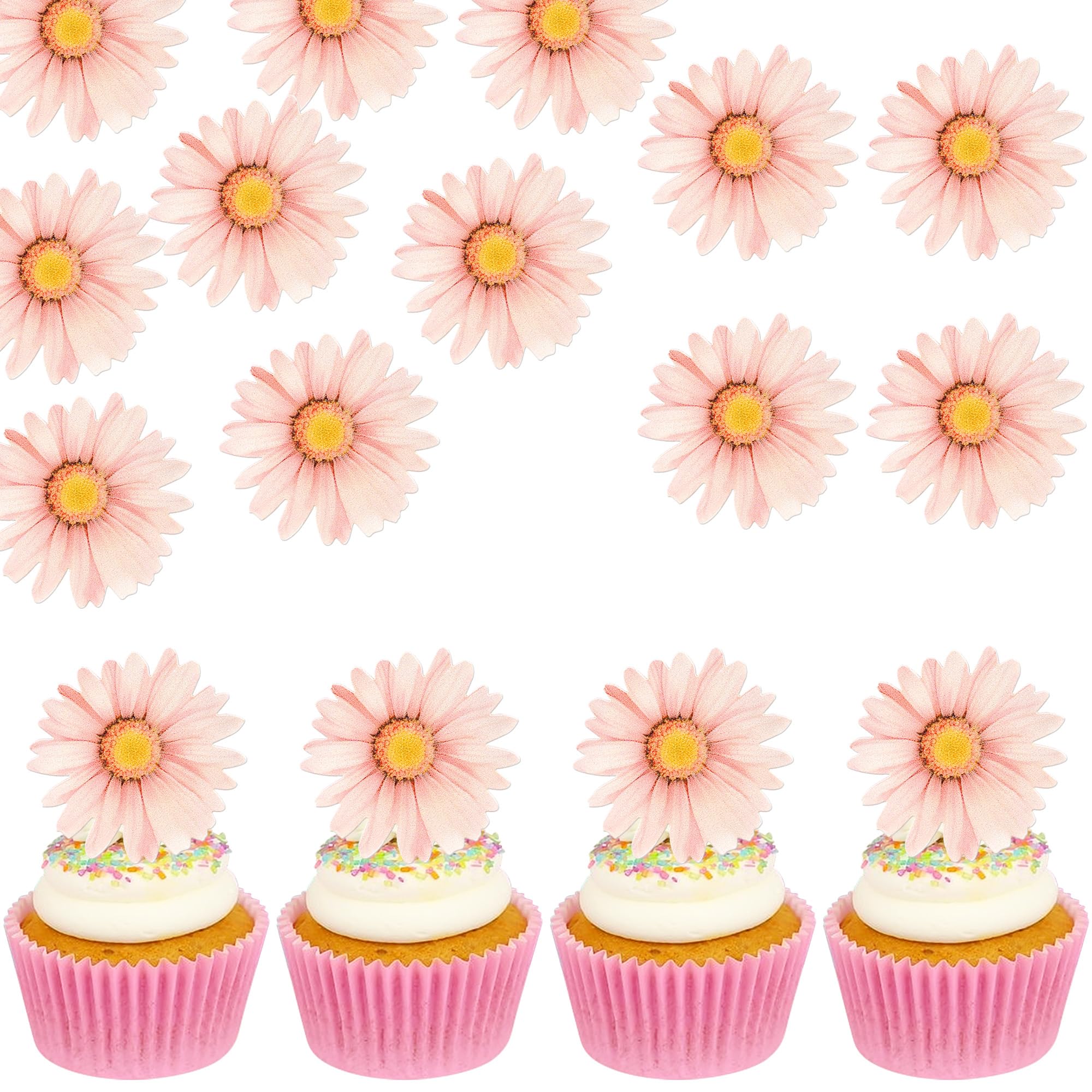 60 PCS Edible Daisy Cupcake Toppers Wafer Paper Daisy Cupcake Picks Edible Sunflower Birthday Party Decorations for Baby Shower Wedding Engagement Birthday Party Cake Food Decorations Supplies Pink