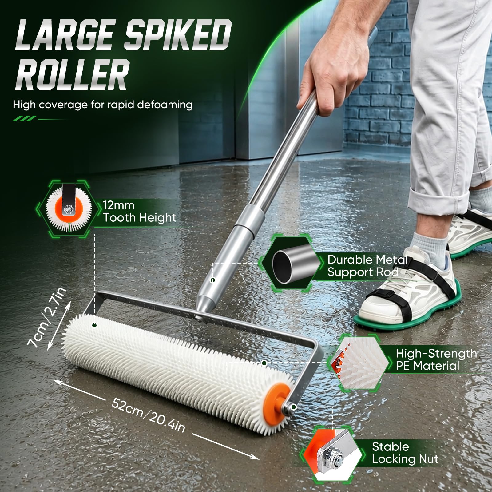 kit de Herramientas de Autonivelación de Cemento, Rodillo de Púas Autonivelante 52cm+24cm, Zapatos con Pinchos Para Cesped 30 mm, Rascador de Acero Inoxidable, Palo Telescopico Limpieza 157cm