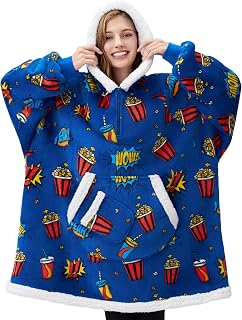 Giggling Getup Wearable Blanket Hoodie for Adults Gifts for Teen Girls Sister Women Sherpa Fleece Printed Hooded Blanket Sweatshirt Warm Cozy with Pocket & Sleeves Blue Popcorn