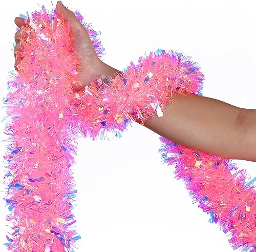 Vista 7 de Guirnalda de oropel de Navidad de 32.8 pies, guirnalda metálica colgante rosa iridiscente para decoración de árbol de Navidad, suministros de fiesta