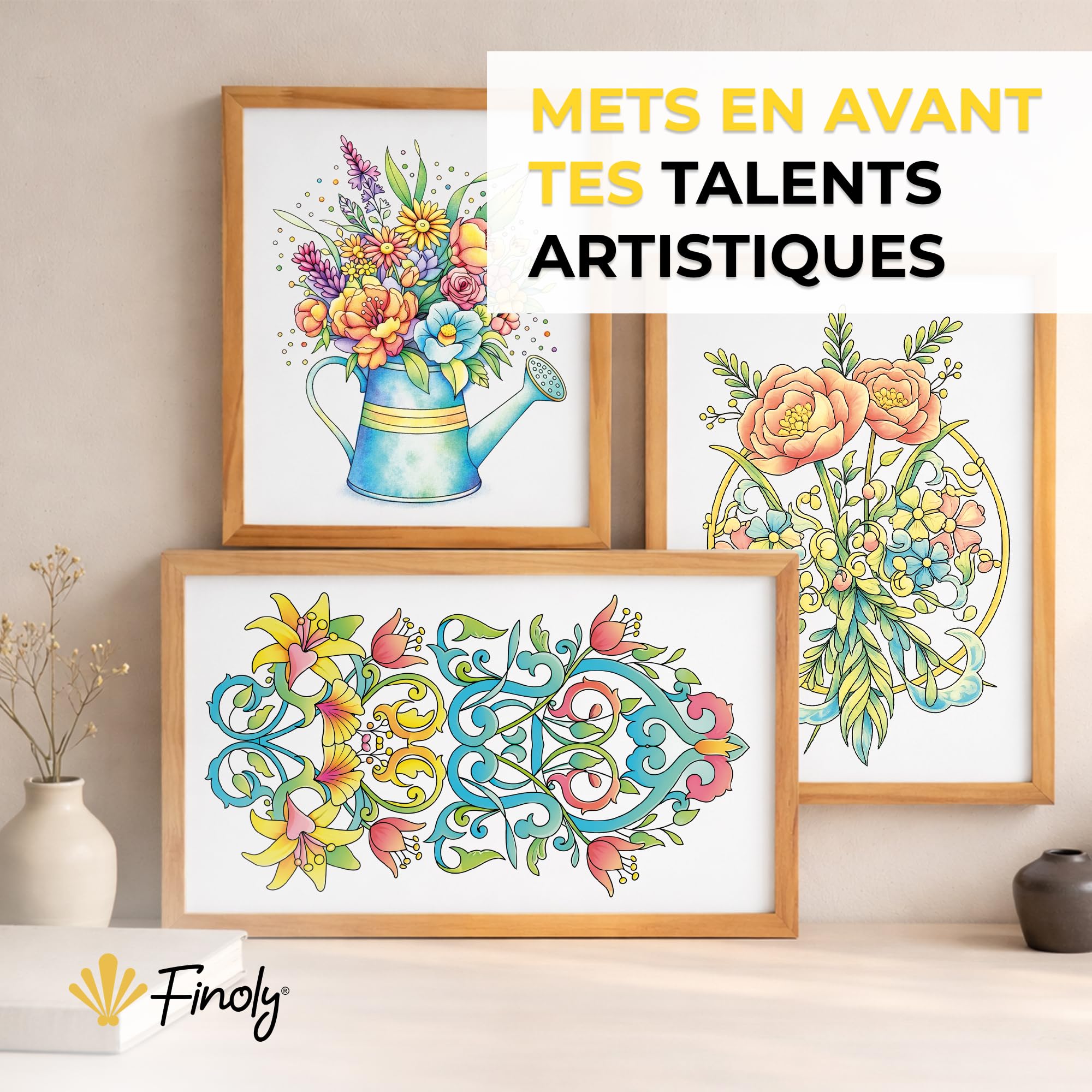 Finoly Livre Coloriage Adulte Fleurs A4 Réduit le Stress | Mandalas a Colorier Adulte Débutants et Confirmés | Coloriage Mandala Adulte Mindfulness Anti Stress Encre qui ne Transperce Pas (Jour)