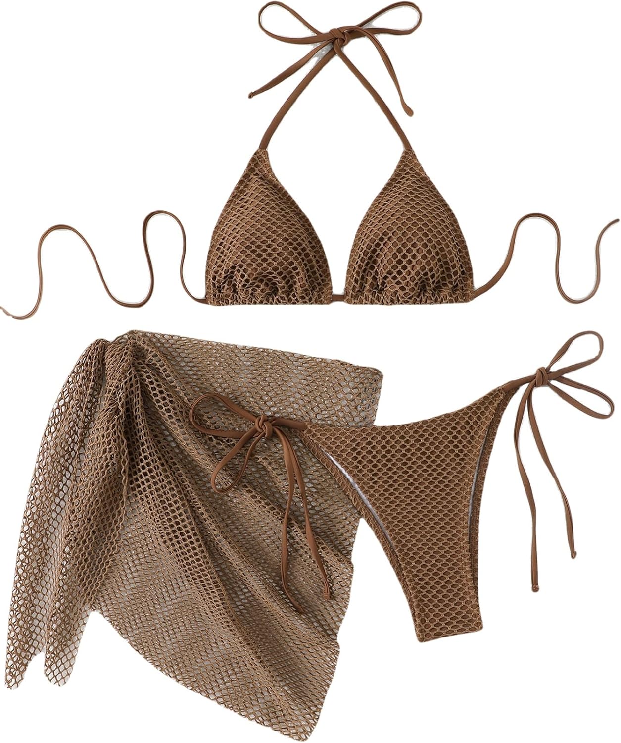 SEGT Women's 3 Piece Solid Swimwear Sexy Triangle Bikini Sets with Cover Up Halter String Tie Side Bathing Suits