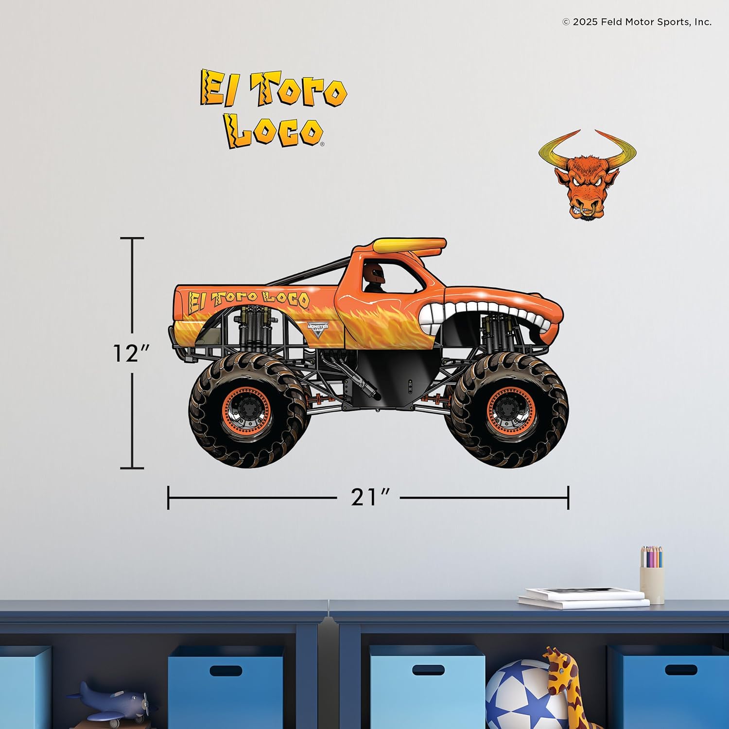 Monster Jam El Toro Loco Truck Wall Decal - Large 21" Wide Monster Truck Wall Vinyl Stickers Bedroom Decorations - Peel and Stick Room Decor