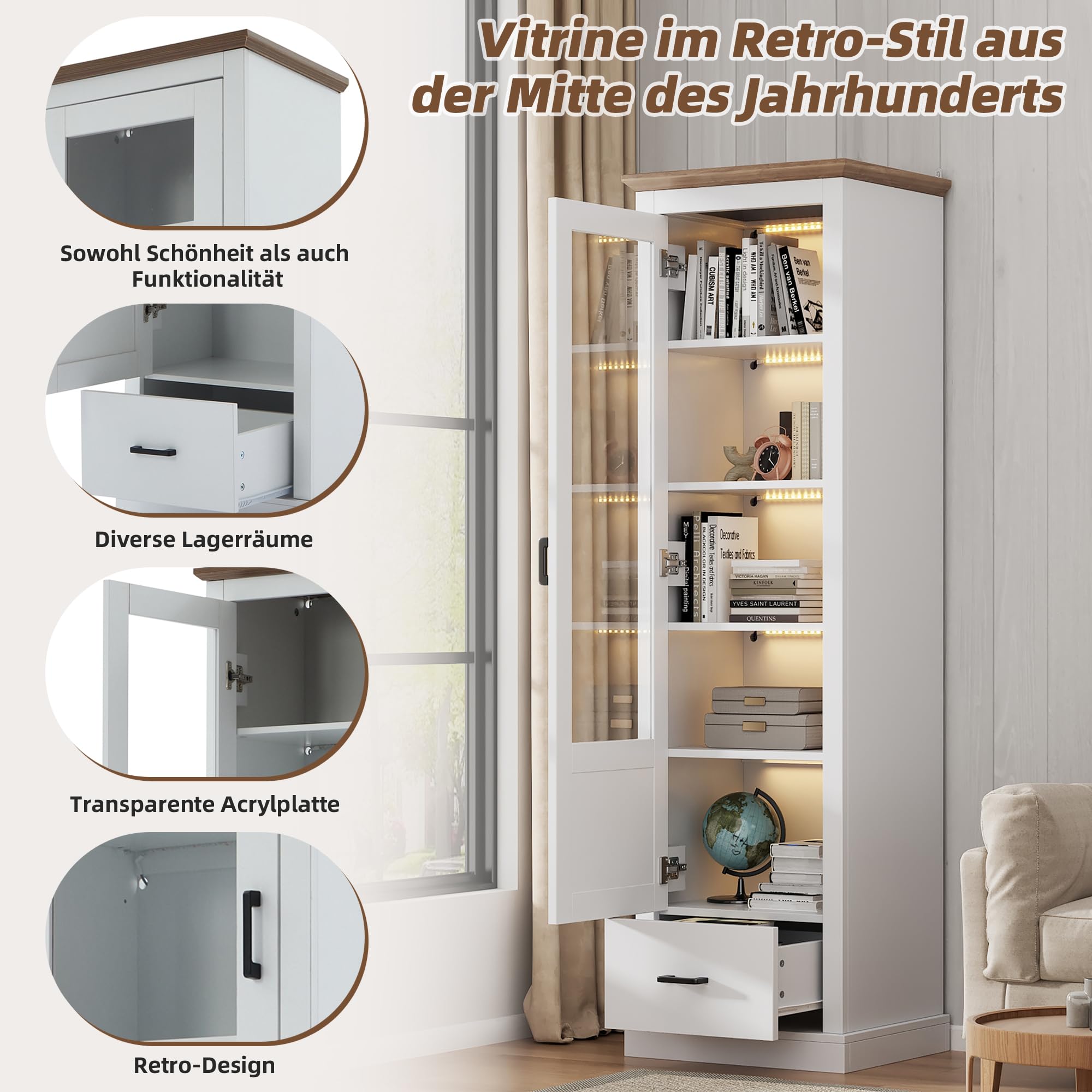 Merax Vitrina con iluminación LED, armario alto de cristal, armario de salón con 4 estantes y 1 cajones, puertas de cristal, armario multiusos para salón, oficina, cocina, color blanco mate, 50 x 35 x