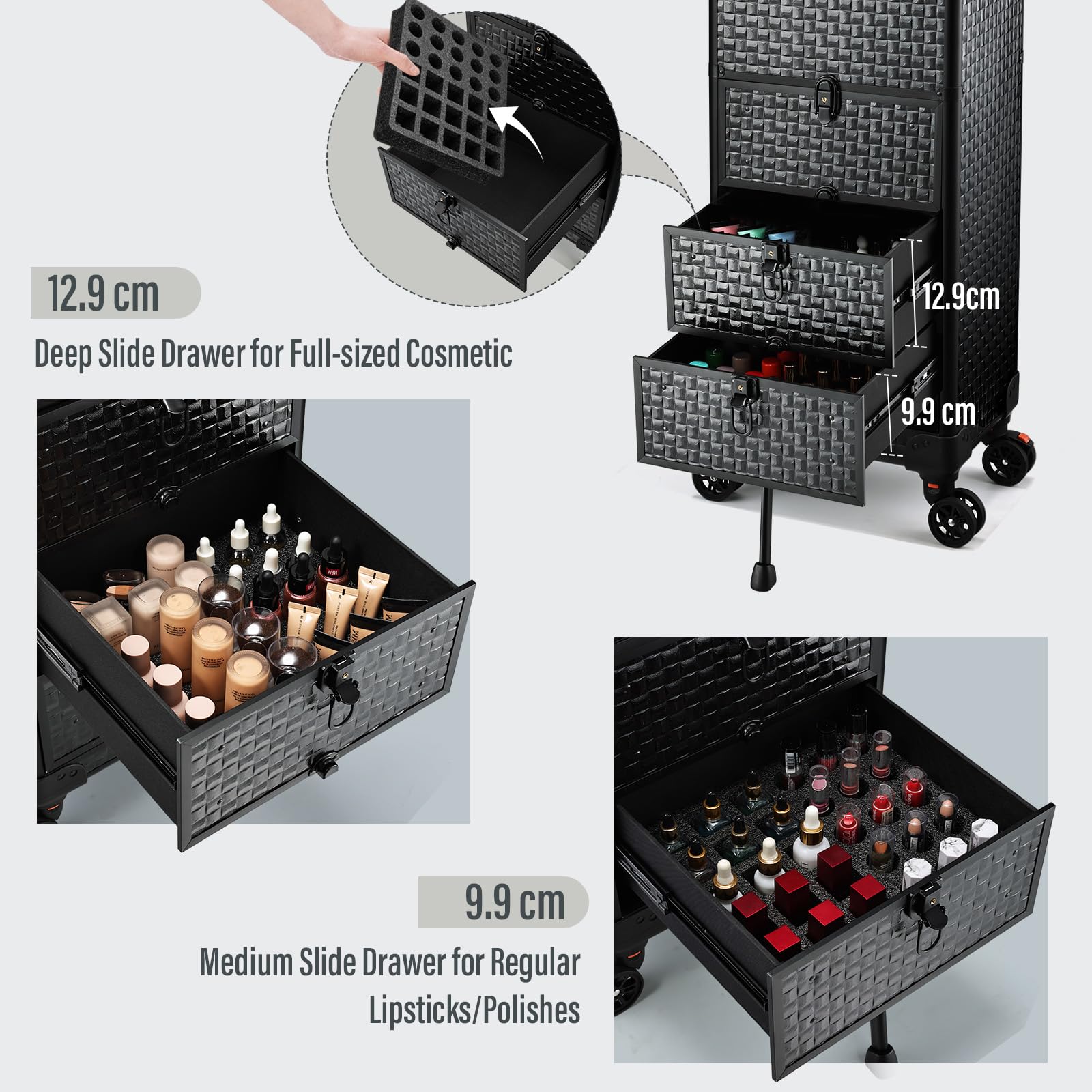 Maleta Maquillaje con 3 cajones Maletín de Maquillaje Profesional para salón de Belleza Maleta de uñas Maletín de peluquería con Ruedas bloqueables, Negro