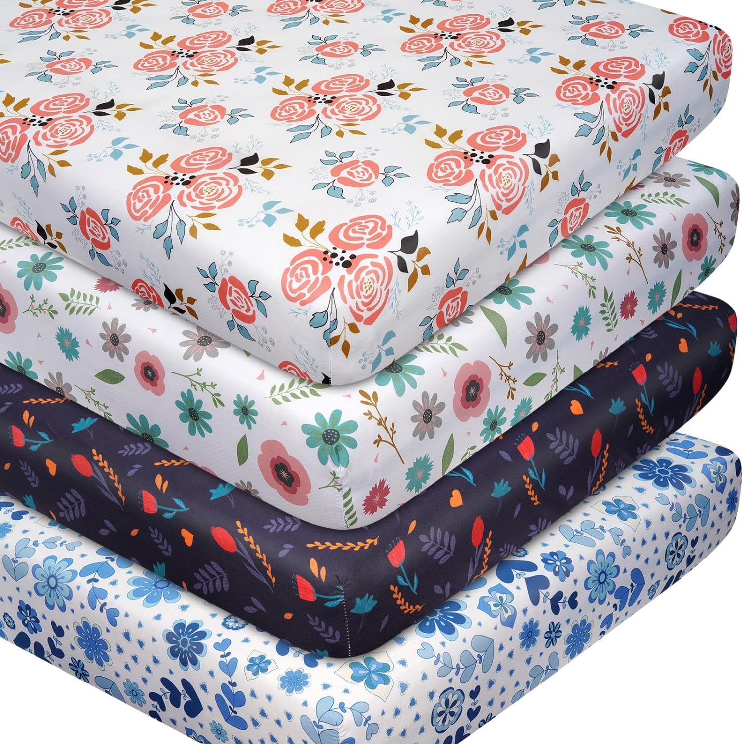 4 Pack Small Floral Pattern Baby Crib Sheets for Boys and Girls, Soft Breathable Microfiber Crib Sheet, 28 X 52 in Fitted Crib Sheets for Toddler Bed Mattress & Standard Baby Crib