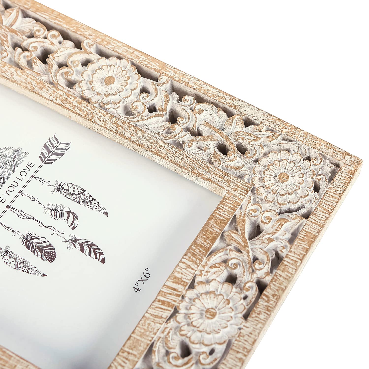 NIKKY HOME Ramka na zdjęcia w stylu boho, w kwiaty, 10 x 15 cm, żywica z postarzanym białym wykończeniem, szkło o wysokiej rozdzielczości, na ścianę i blat stołu