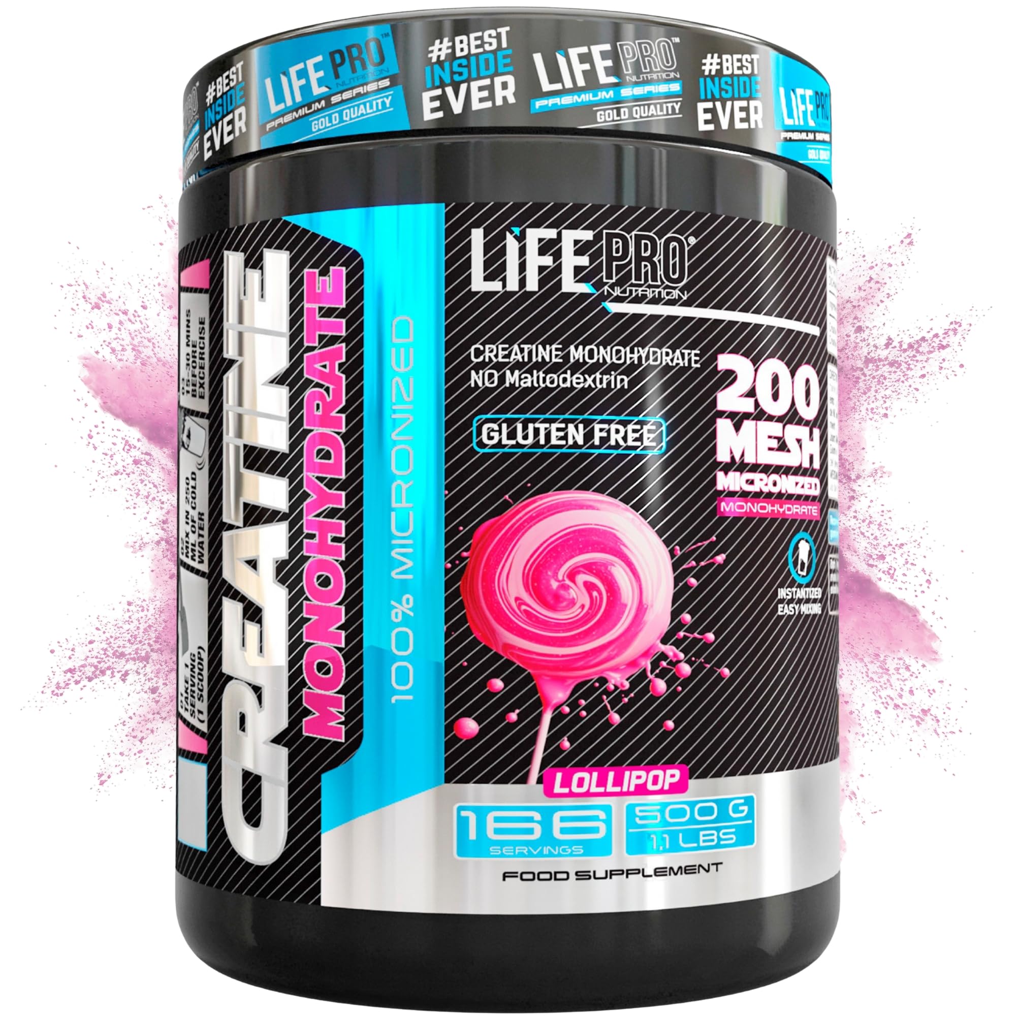 Life Pro Creatina Monohidratada 200 Mesh Micronizada, Creatina Polvo con 99.9% Pureza, Aumenta Resistencia y Fuerza, Absorción Rápida, Entrenamiento y Rendimiento Deportivo (500g, Lollipop)