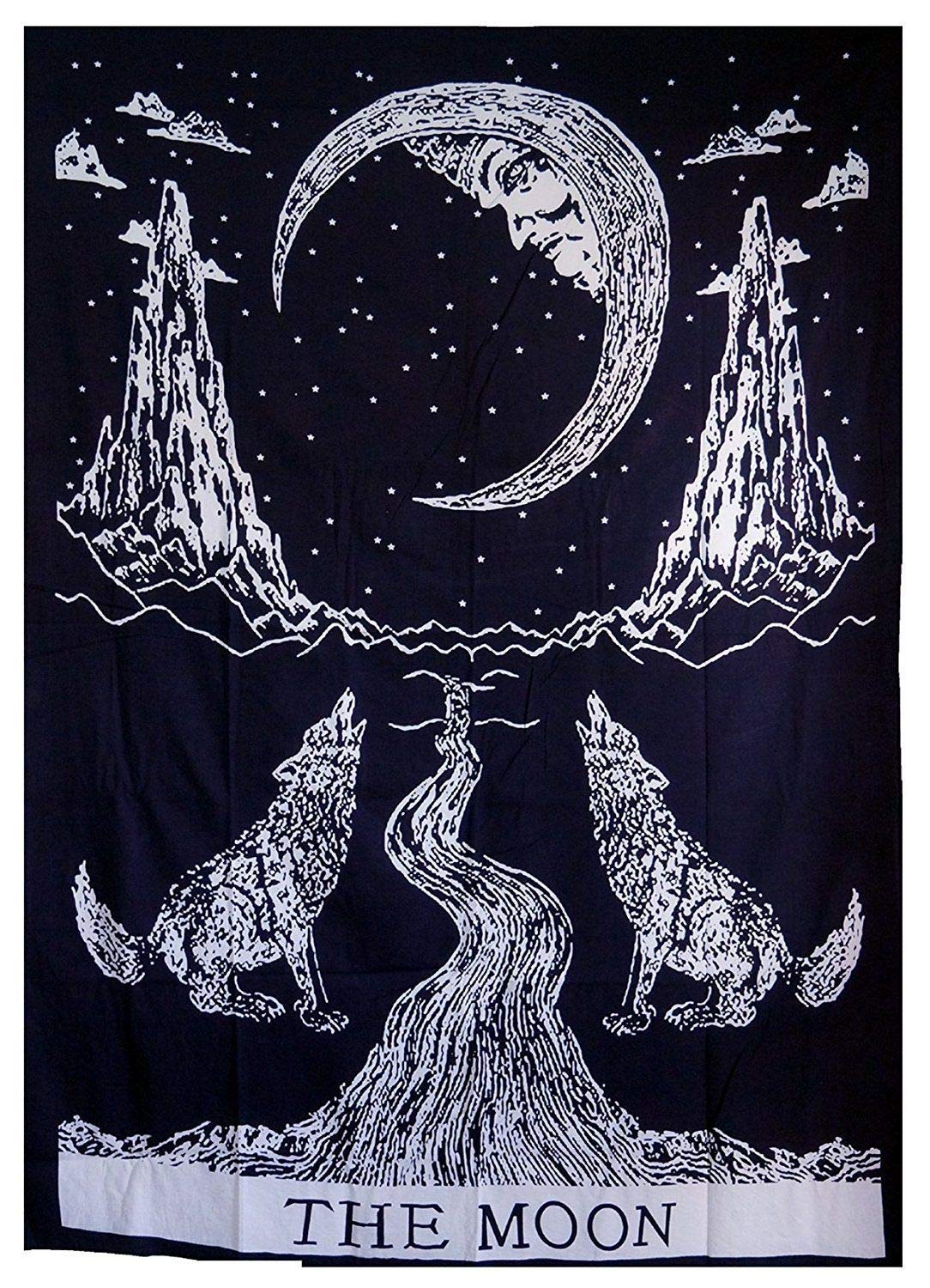 Radhykrishnafashions Indian Hippie Gypsy Bohemian Psychedelic Cotton Mandala Wall Hanging Tapestry Multi Color Twin Mandala Hippie Tapestry (Twin (84x54 Inches)) (B/W Crying Wolf)