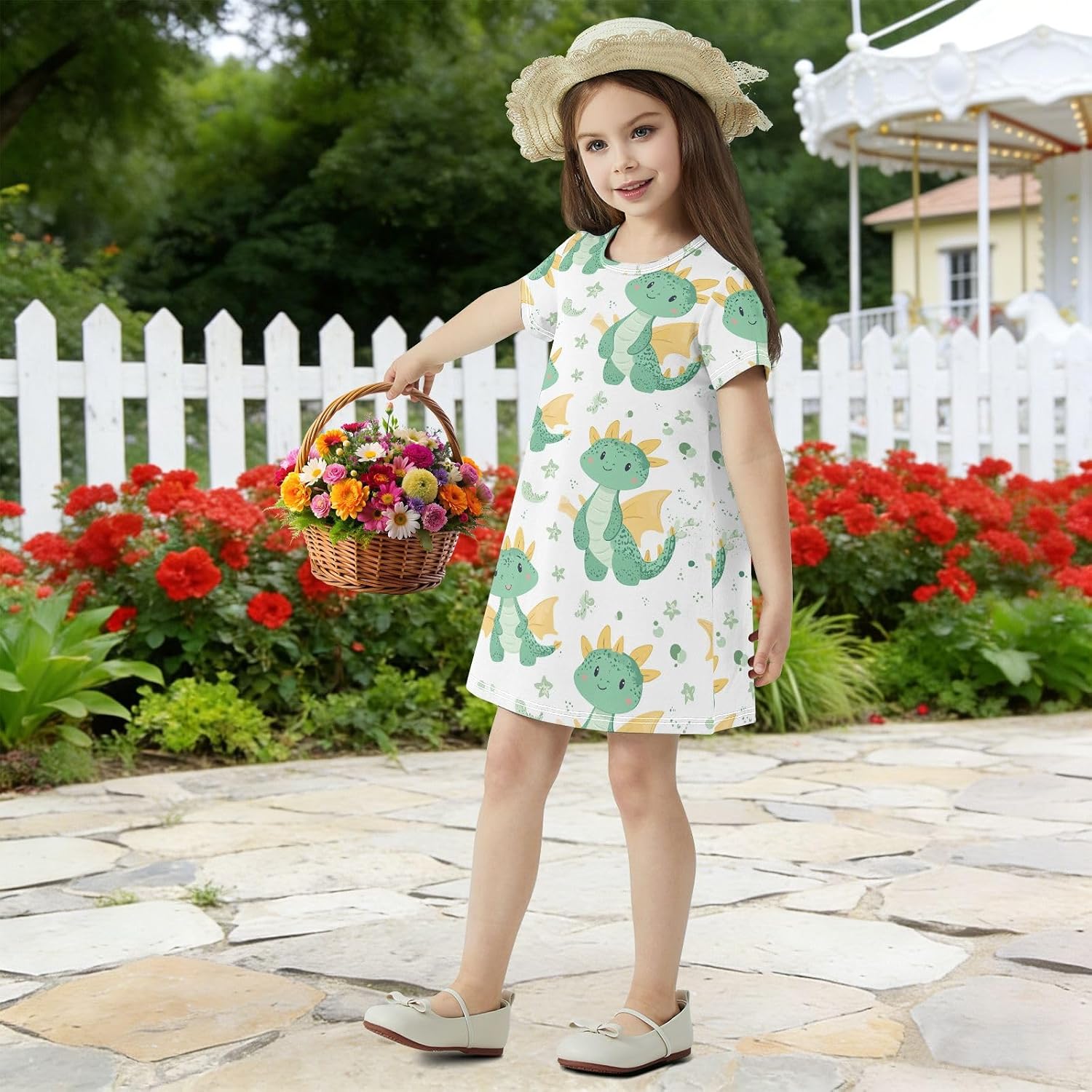 Green Dragon Girls Dresses Summer Dresses for Girls with Cotton Short Sleeves for Casual a Line Dress Size 2-8Y