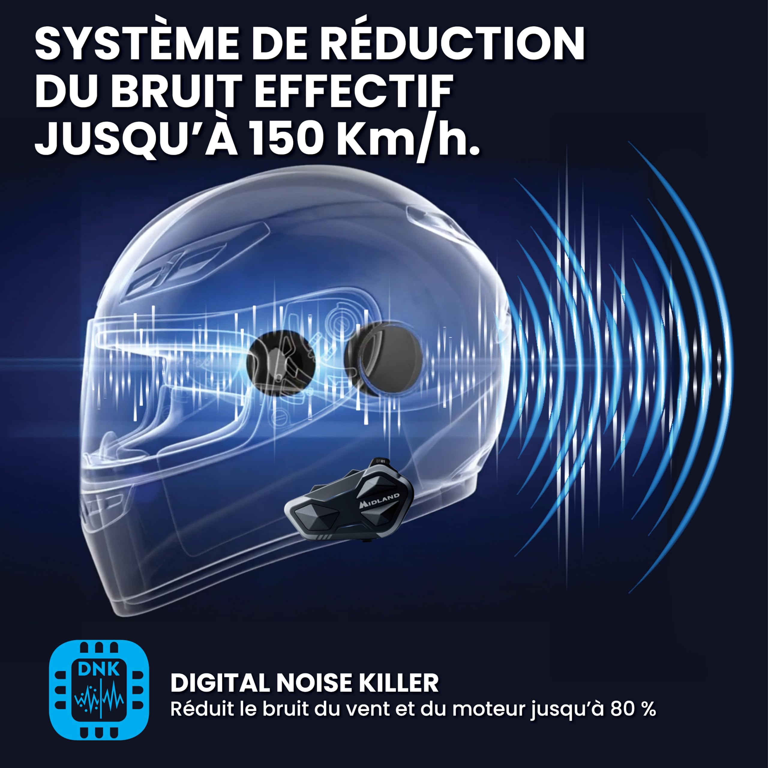 Midland- Intercom Moto BTR1 Individuel, Écouteurs Bluetooth sans Fil Casque Moto Étanche IPX6 Portée 800m, 4 Personnes Conference, Batterie 23H, Parallel Audio Connexion GPS/Musique Conforme ECE 22.06