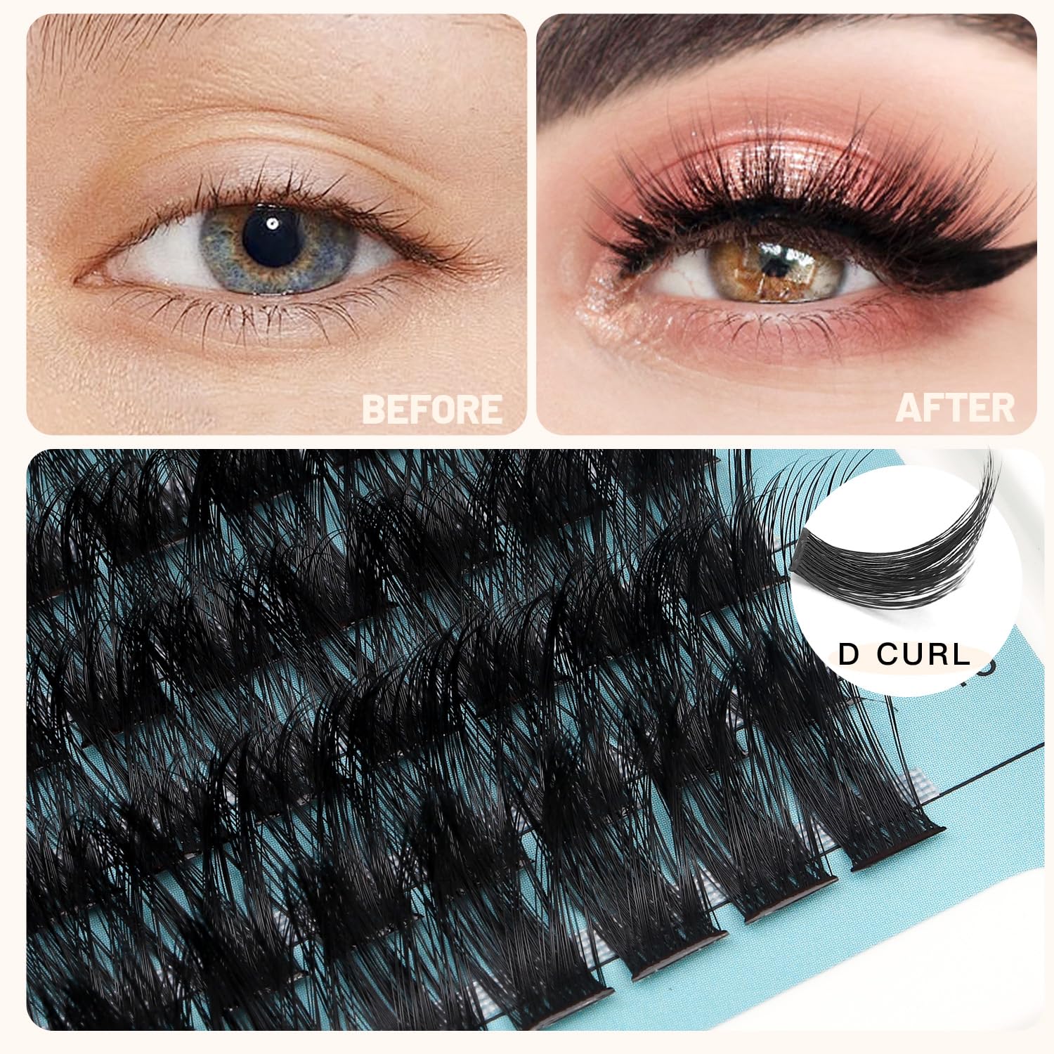 Bodermincer D Curl 16 Rows Large Pack 192 Cluster Eyelashes (10-12-14-16mm Mixed)
