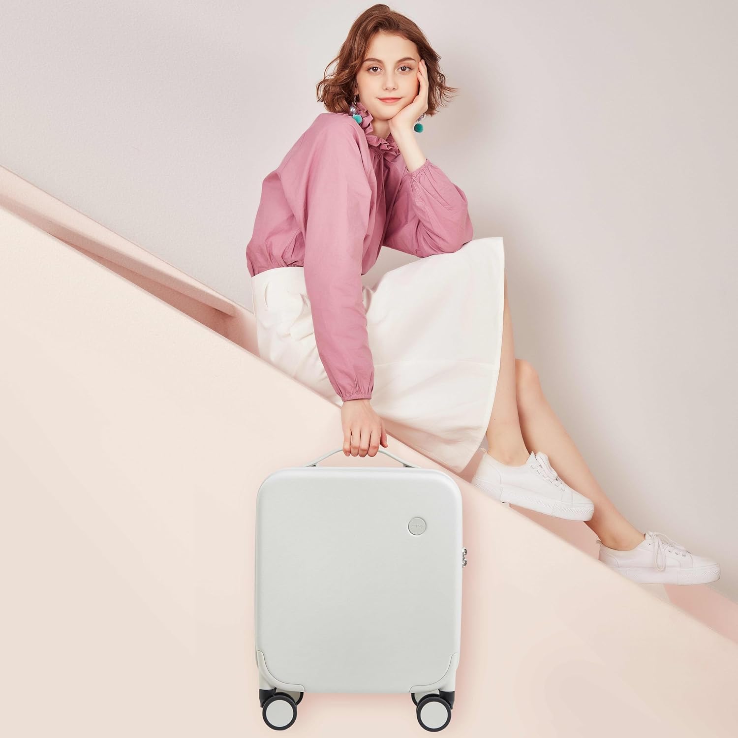 mixi Upgrade Carry on Luggage 14 Inch Underseat Personal Item Suitcases with Spinner Wheels, Hardside Rolling Suitcase PC with TSA Lock Lightweight Travel Case, Fine Grid Smoke White - Image 2