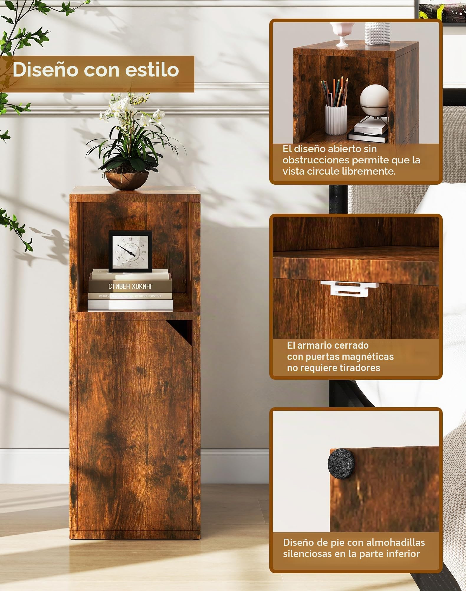 YMYNY Mesita de Noche Estrecha, Juego de 2, Mesa Auxiliar, Mesilla de Noche, Compartimento Abierto, Estante Ajustable, 24 x 29 x 62 cm, de Madera, para Dormitorio, Salón, Marrón Rústica HST016H-2