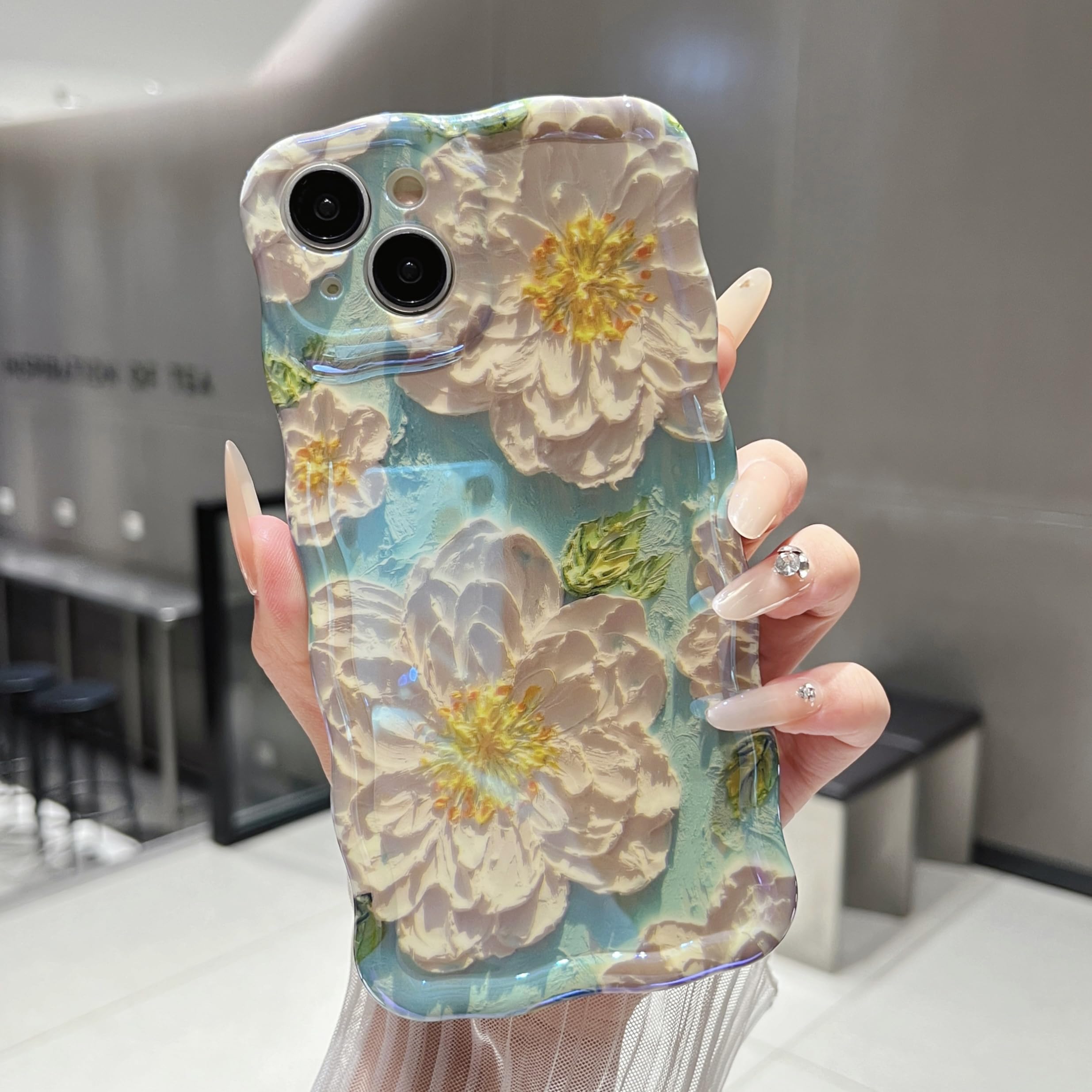XIZYO Colorful Retro Oil Painting Flower Case for iPhone 13, Curly Wave Frame Laser Glossy Cute Floral Aesthetic Phone Case - Image 3