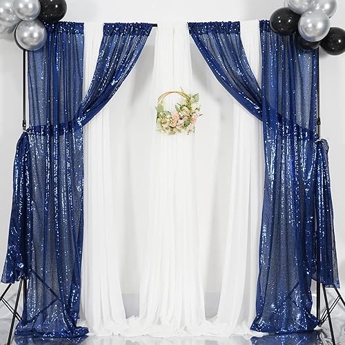 Miniatura 8 de Poise3EHome 2 cortinas de fondo de lentejuelas azul marino de 2 x 8 pies, fondo de fotografía con purpurina azul marino para el día de la