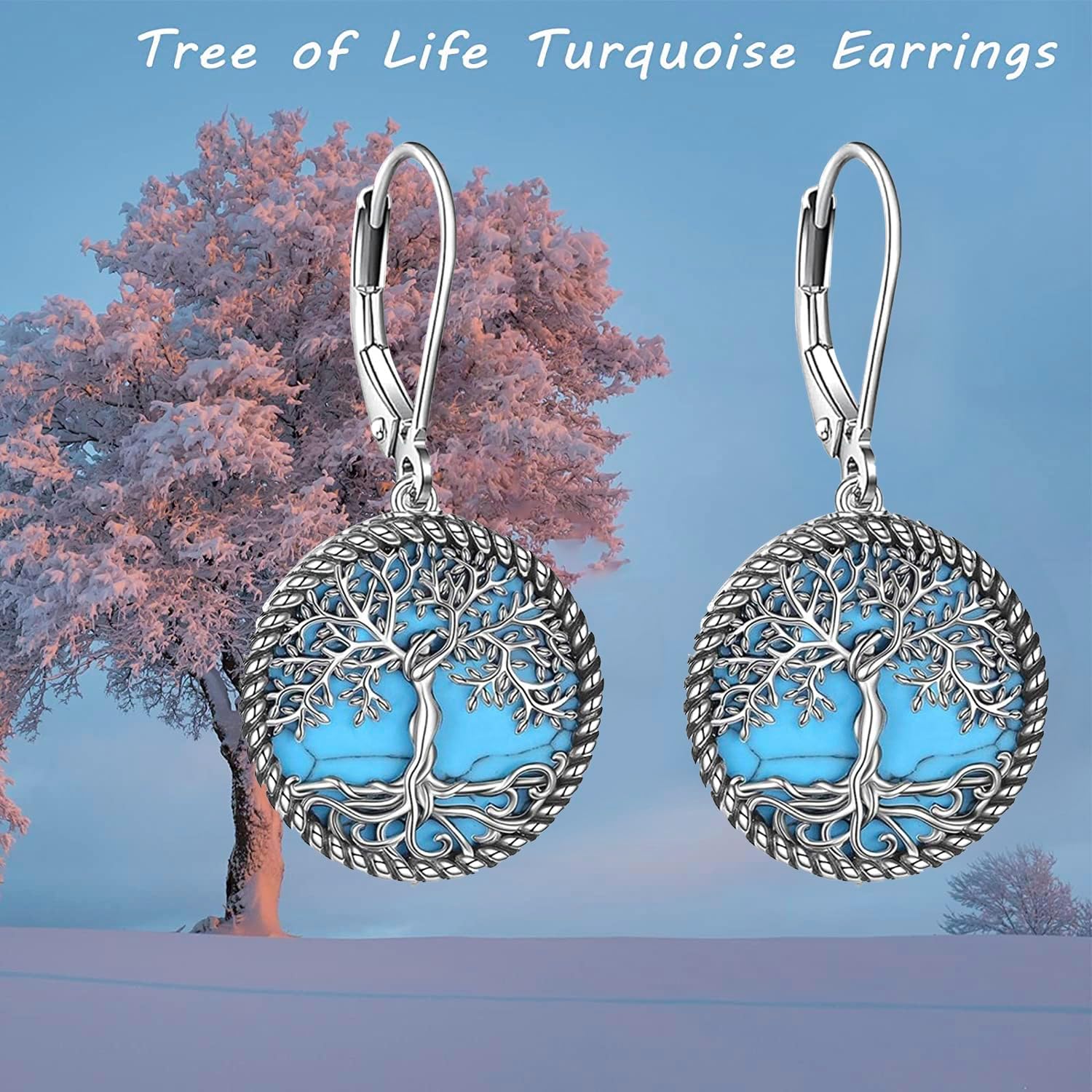 ONEFINITY Turquoise Tree of Life Earrings 925 Sterling Silver Leverback Tree of Life Dangle Drop Earrings Jewelry for Women - Image 4