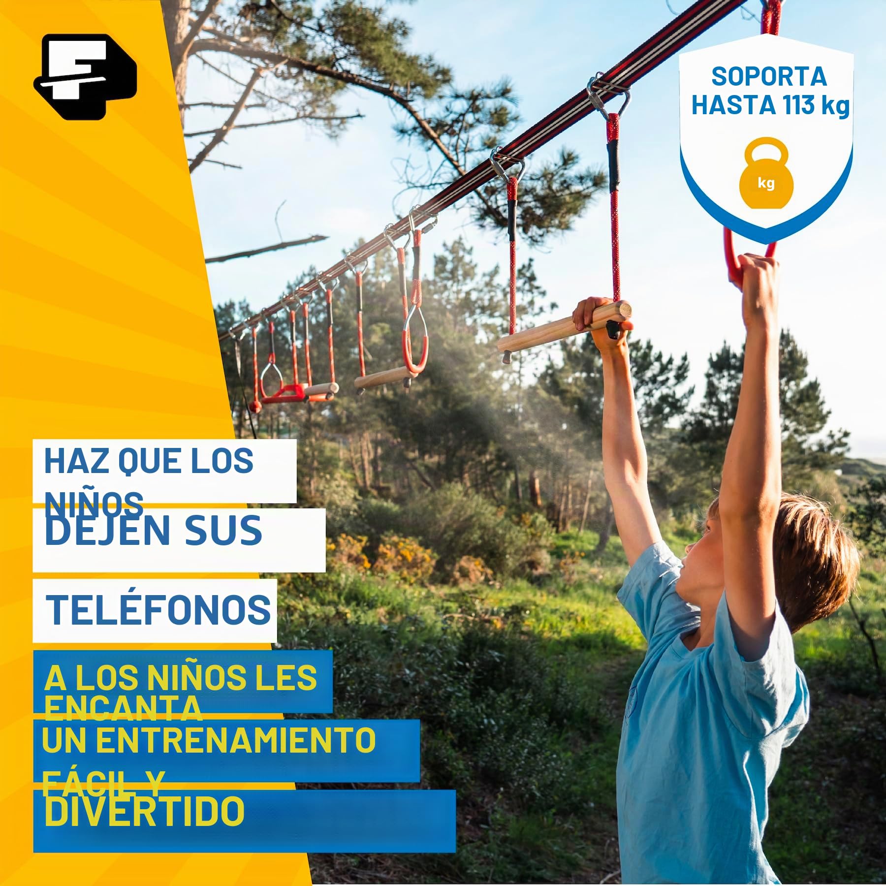 Ninja Warrior Obstacle Course for Kids Outside - 19.8 Meters, Including Ninja Slider - 11 Obstacles - Climbing Ladder, Spinning Wheel, Gym Ring