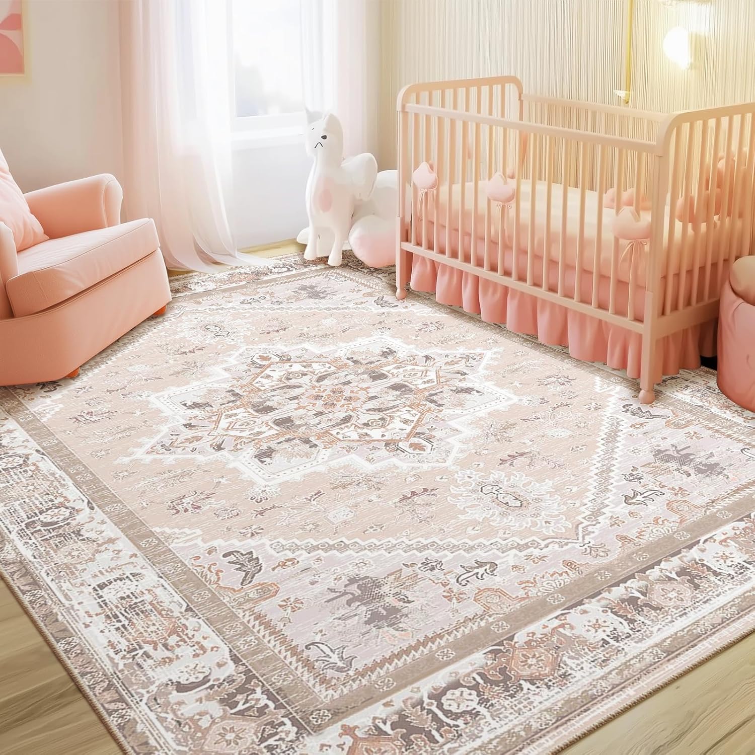 BESTSWEETIE 8x10 Area Rugs for Living Room Washable Non Slip Carpet Low Pile Soft Vintage Print Pattern Rug for Bedroom Dining Room Kitchen Entryway Indoor-Light Pink 8' x 10' (Rectangular) Light Coral Pink/Orange/Brown