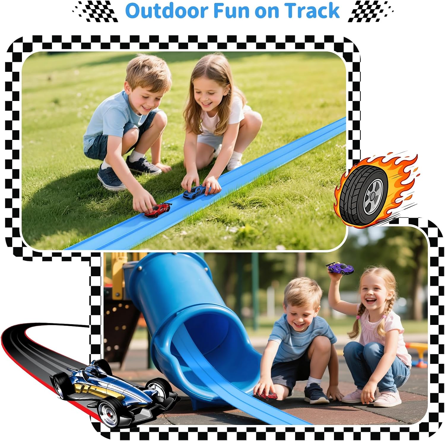 Flex Race Track 16 Ft with Suction Cups Compatible with Diecast 1/64th Cars, Flexible Car Track Toys for Ages 3+ Kids Toddlers Roll Out Portable Racetrack (Light Blue)