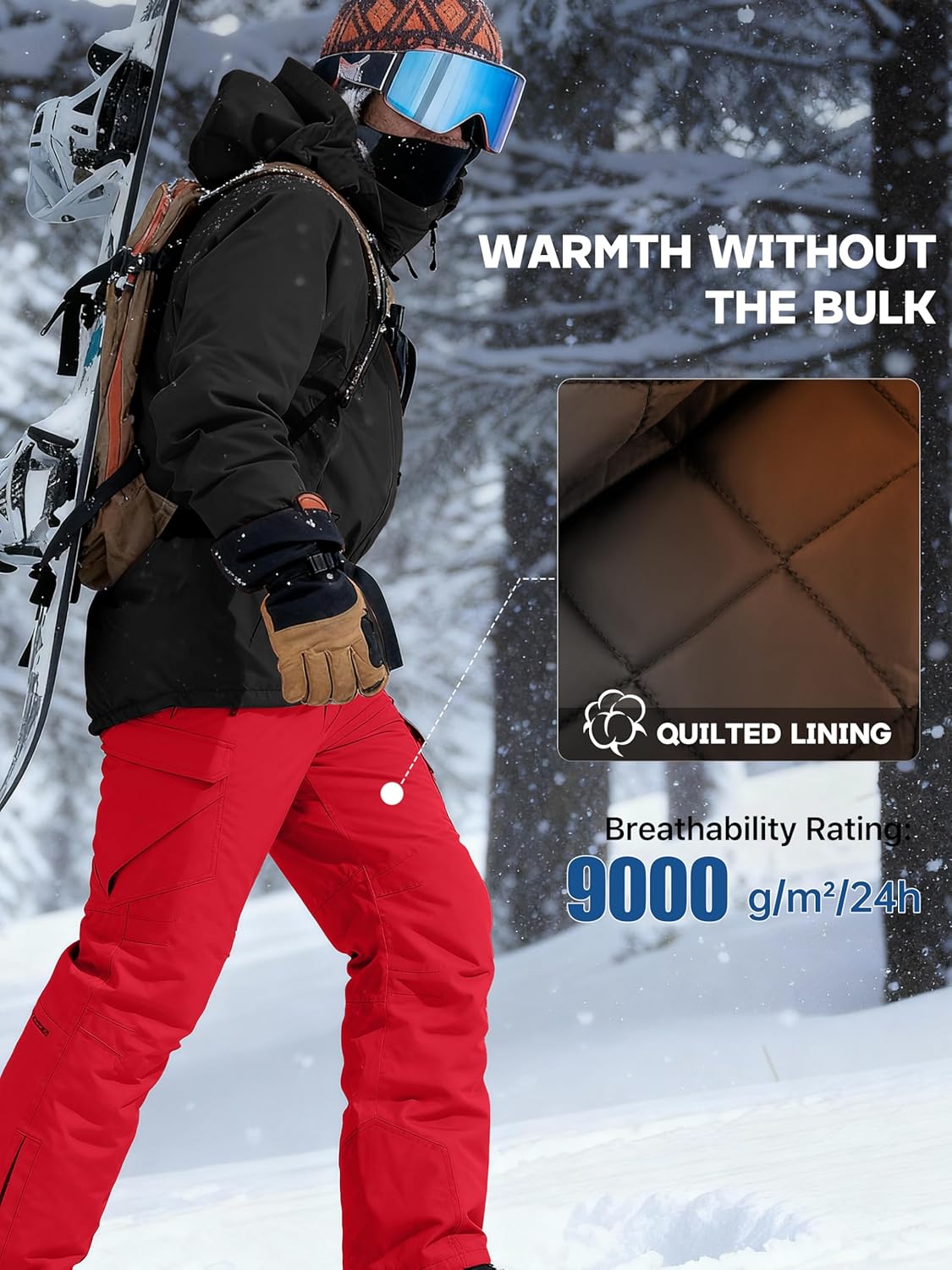 FREE SOLDIER Men's Waterproof Snow Insulated Pants Winter Skiing Snowboarding Pants with Zipper Pockets