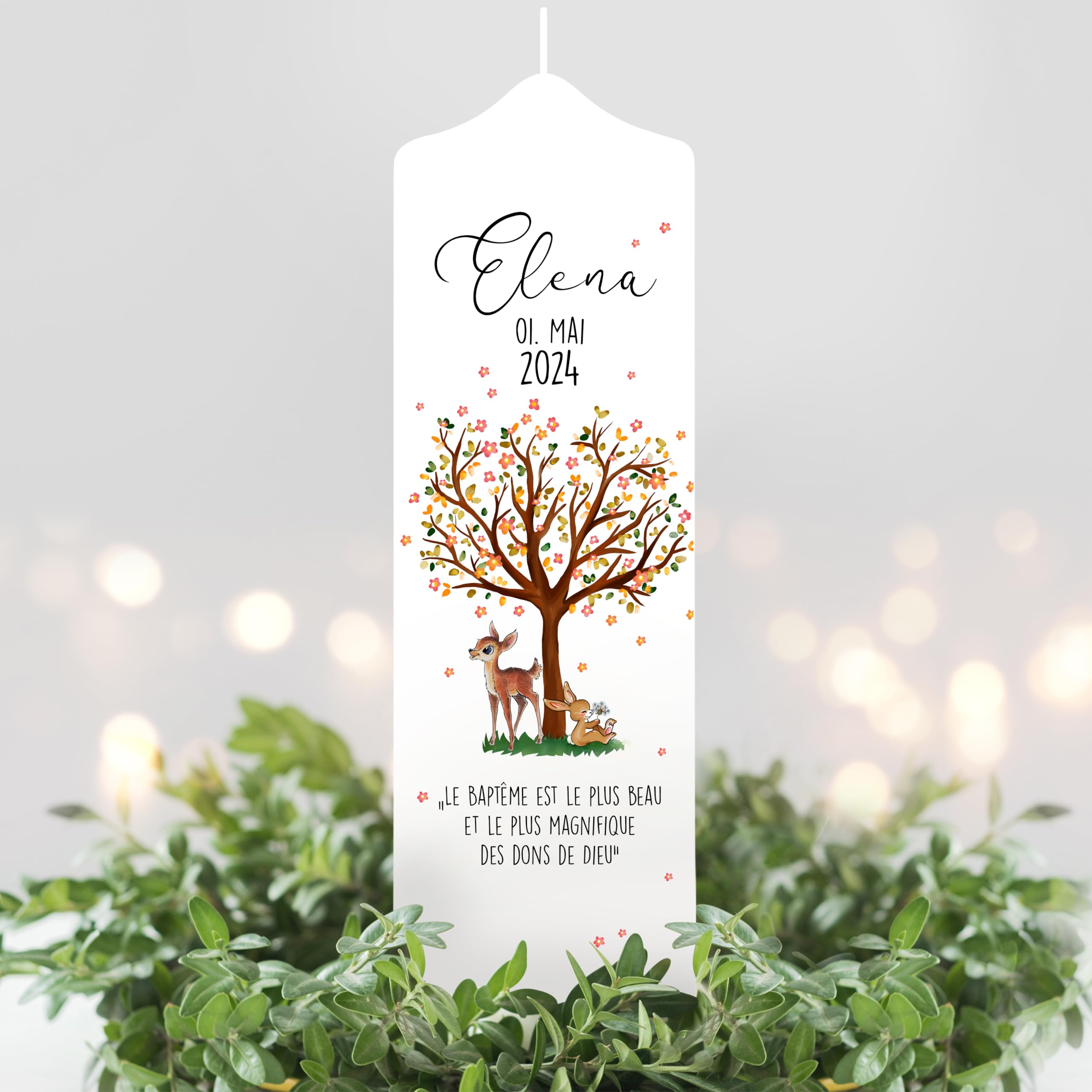 Bougie Baptême personnalisée Fille Garçon motif Arbre, Faon et Lapin – Cierge Baptême avec prénom, date et message – Bougie imprimée – cierge personnalisé – 25 x 7 cm