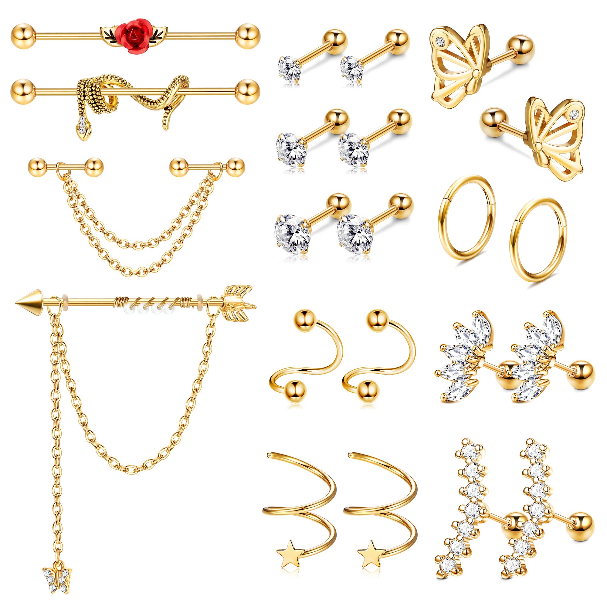 Kakonia Joyería de perforación industrial 14G 16G Cadena de acero inoxidable Pendientes industriales Cartílago Piercing Pendientes Industrial Barbell para Mujeres Hombres