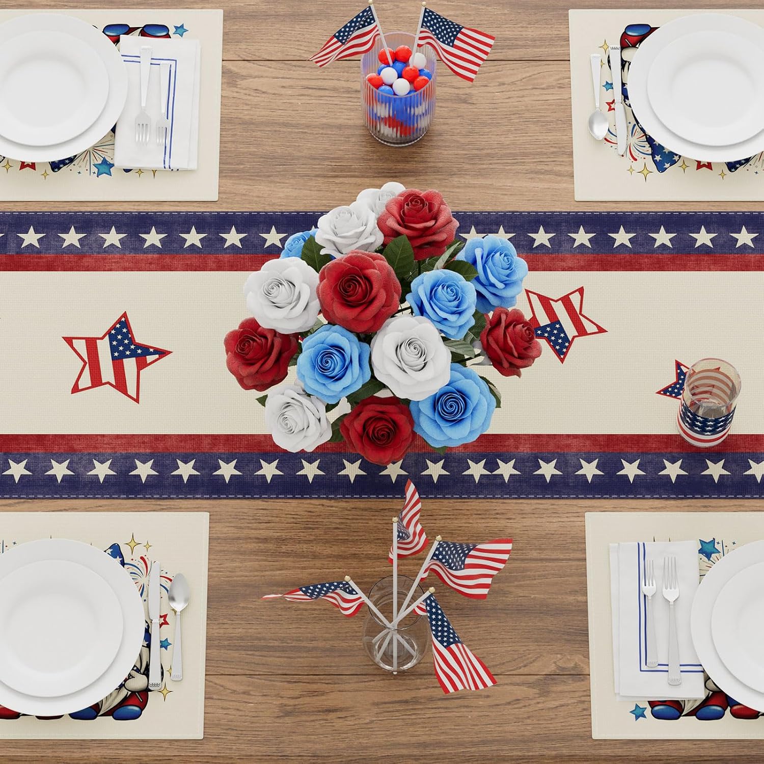 XCHI Gnome Stars Patriotic America Memorial Day 4th of July Table Runner Table Decoration for Party Home Kitchen Dining Holiday Decor 13x72 Inch
