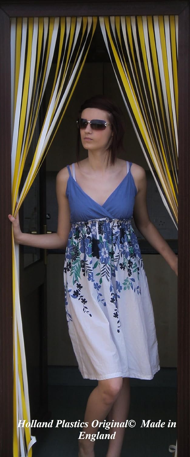 Holland Plastics Original Brand Heavy Duty Bug Blind Strip/Fly Complete with Self Adhesive Fitting Hooks for Plastic Door Frames 100Cm Wide 'Yellow & White'