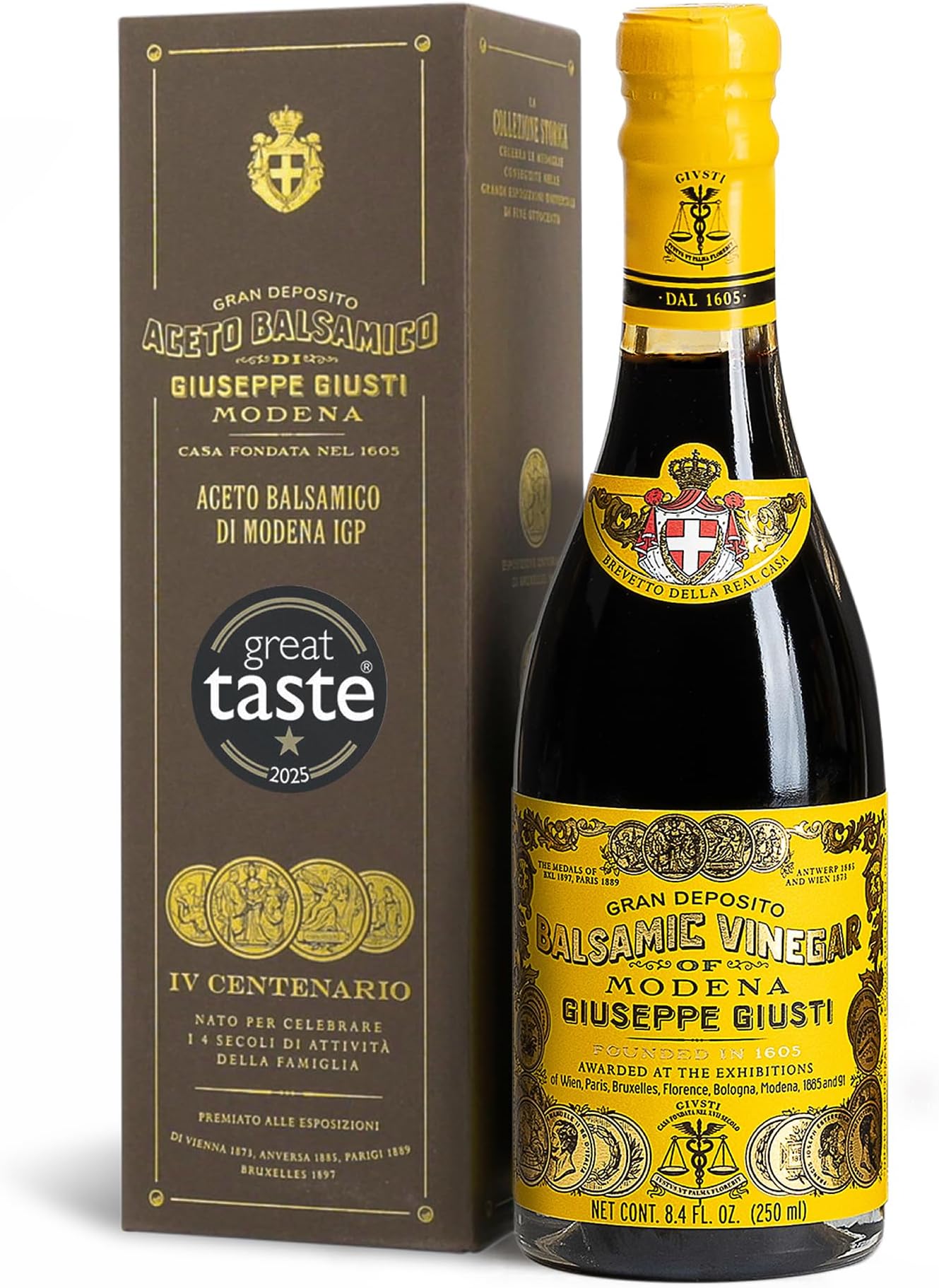 Balsamic Vinegar of Modena IGP – Extra Thick & Rich Aceto Balsamico di Modena, Matured in Traditional Aging Casks - 4 Gold Medals, Made in Italy, in Gift Box - 8.45 fl oz (250 ml) -Pack of 1