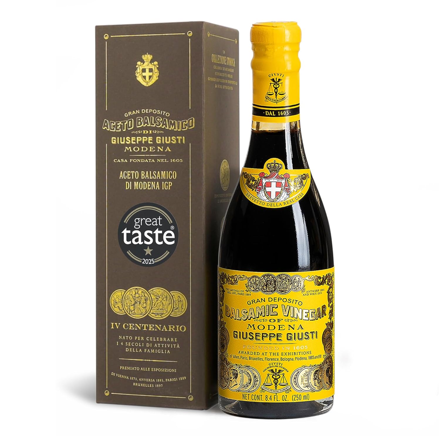 Giusti Balsamic Vinegar of Modena IGP – Extra Thick & Rich Aceto Balsamico di Modena, Matured in Traditional Aging Casks - 4 Gold Medals, Made in Italy, In Gift Box - 8.45 fl oz (250 ml) -Pack of 1