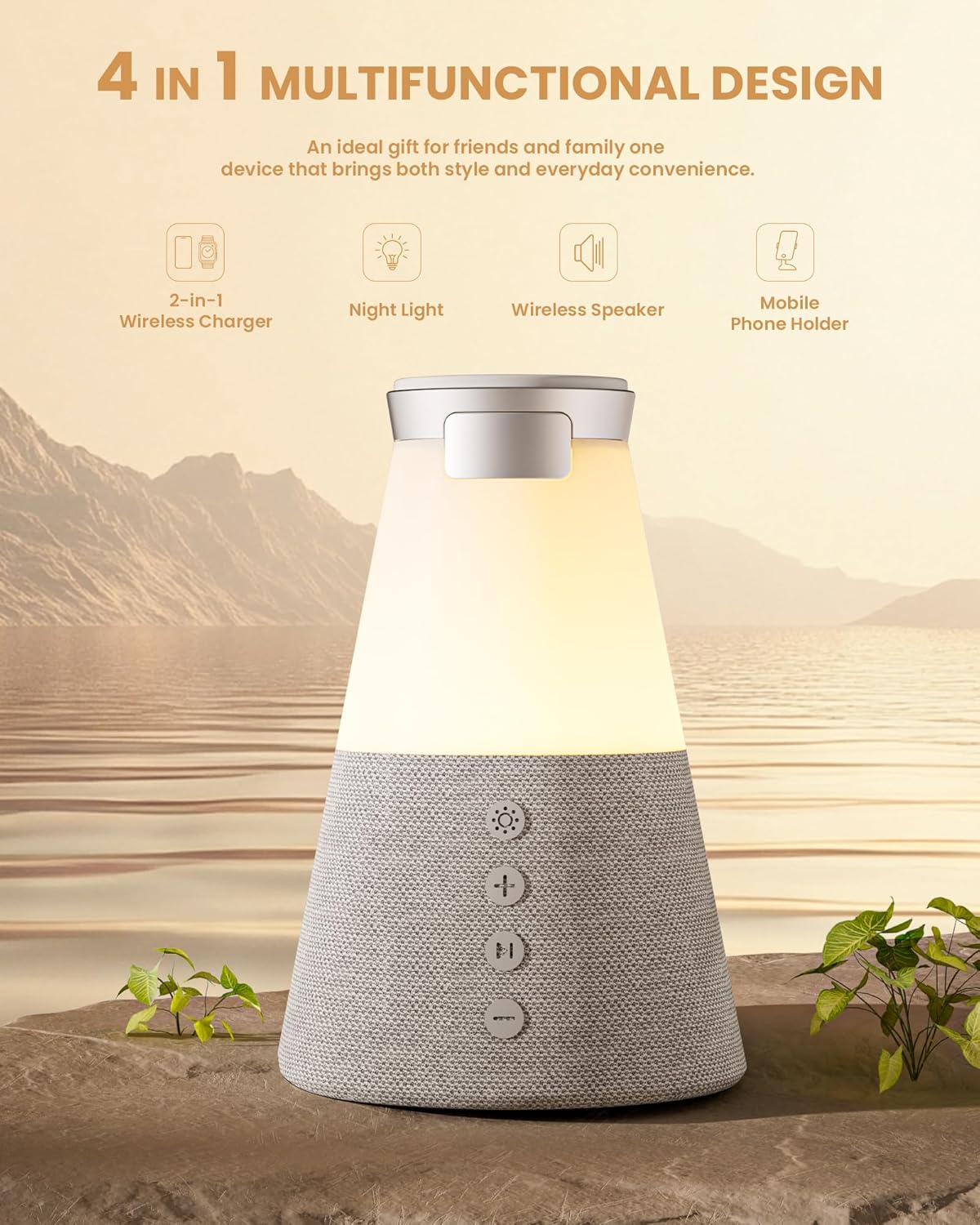 Bluetooth Speaker with Light, 4 in 1 15W Portable Speaker Magnetic Wireless Charger, Portable Bluetooth Speakers with Phone Stand, Men Gifts Dimmable Night Light Speakers, Birthday Gifts for Women