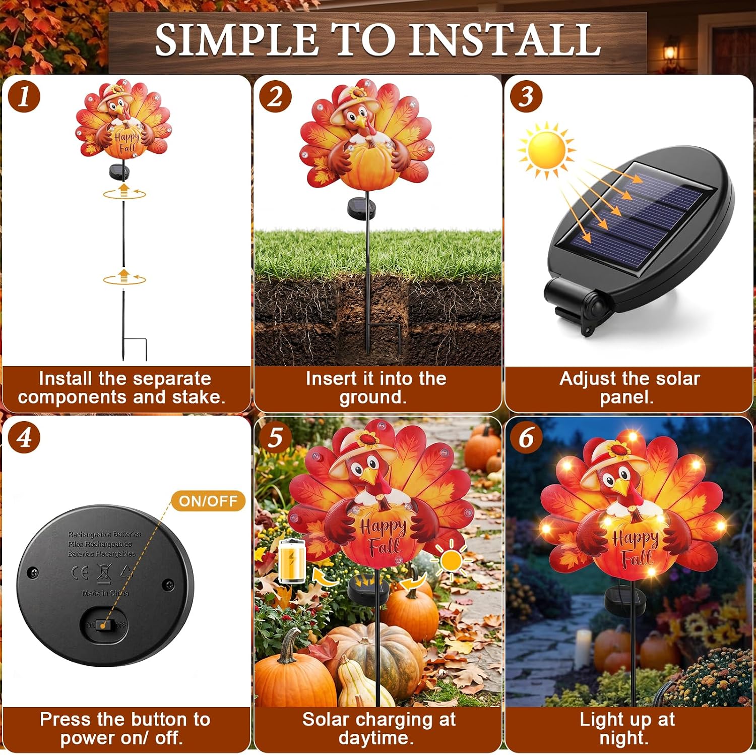 Lewondr 2PCS Thanksgiving Decorations Solar Fall Turkey Garden Stakes image 5