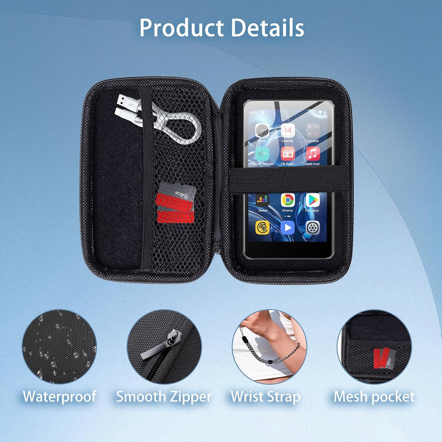 Carrying Case for SWOFY M503 Pro MP3 with 2 Pack Soft Screen Protectors - Hard Shell Protective Carrying Case, Portable Travel Storage Bag with Carabiner | Anti-scrathes&Shockproof