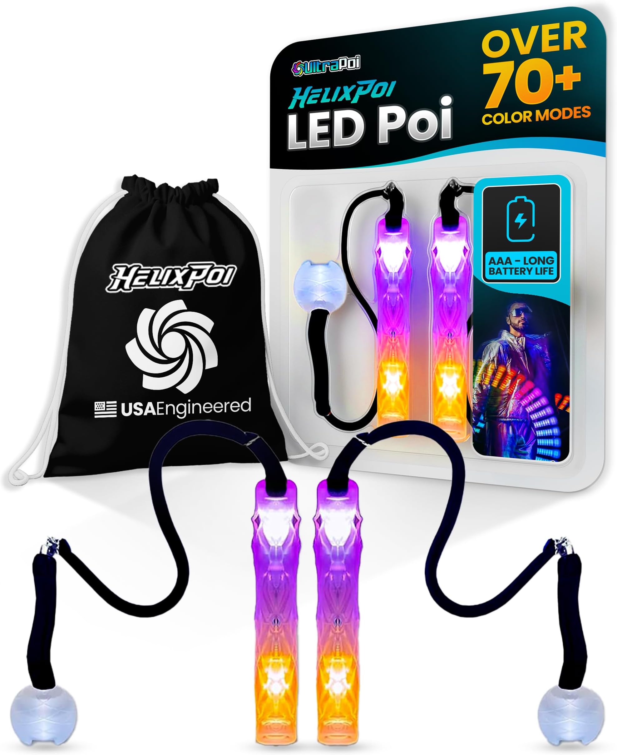 UltraPoi Helix Poi Set - Led Poi For Raves And Concerts - Led Glowstick Rainbow