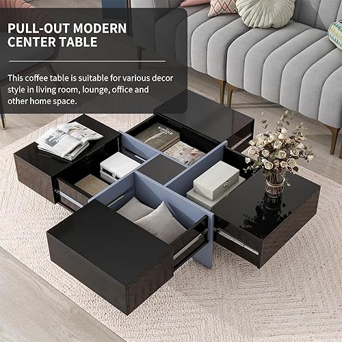 Miniatura 3 de LETESA Mesa auxiliar con 4 compartimentos de almacenamiento ocultos, mesa central extraíble, mesa de cóctel cuadrada con mesa deslizante extensible,