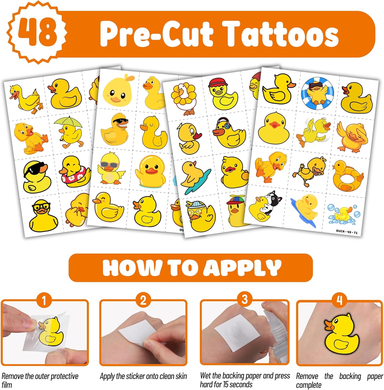 72PCS Duck Party Favors - 48PCS Pre-cut Temporary Tattoos & 24PCS Slap Bracelets - Cute Birthday Party Supplies, Decorations, Baby Shower Gifts, Classroom Prizes, and Rewards for Boys & Girls