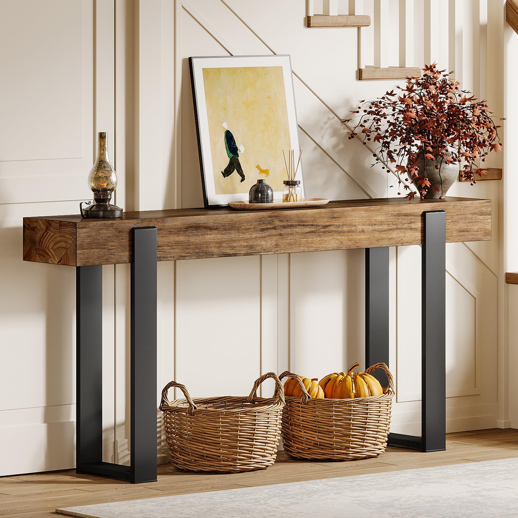 Tribesigns Konsolentisch Massivholz, 160 cm, mit Metallgestell, ideal für die Couch, Eingangsbereich, Flur im Landhausstil, rustikales Braun & Schwarz