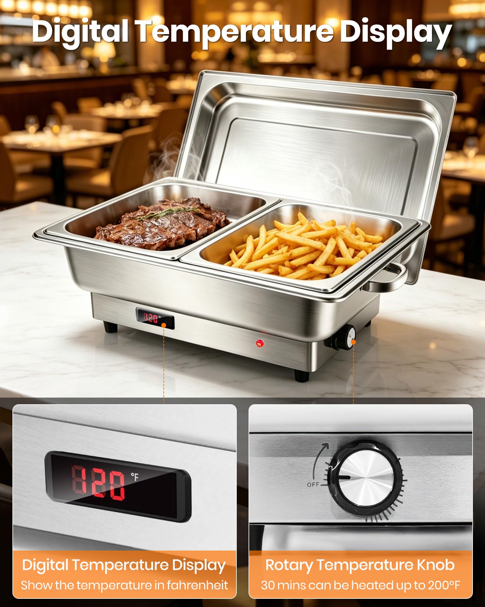 Scaldavivande elettrico 9L Chafing Dish Buffet in acciaio inox Buffet | Display di controllo della temperatura, thermos scalda vivande, configurazione 2 GN 1/2, per feste, catering e eventi
