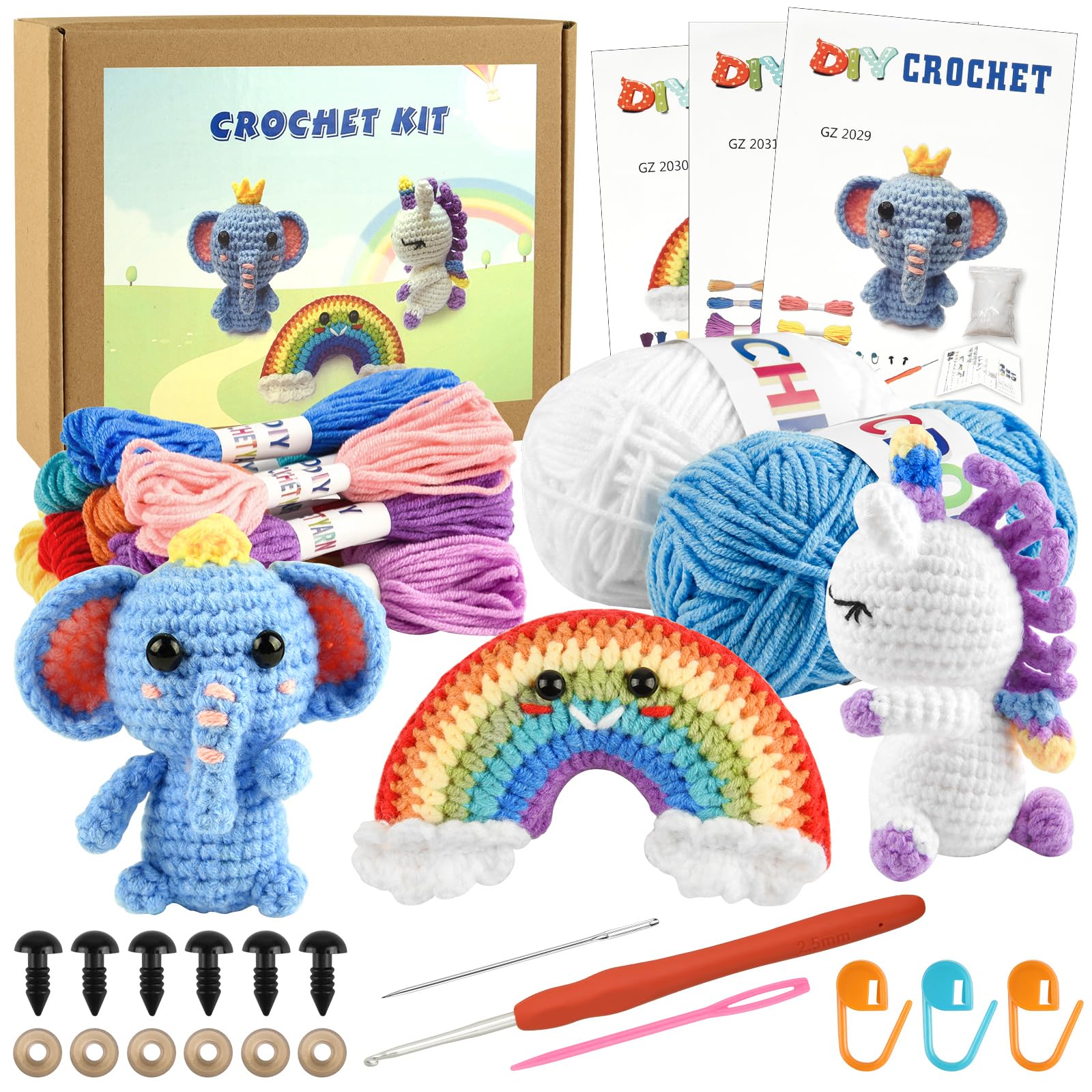 ASTARON Crochet Kit, 3Pcs Cute Crochet Animals -Unicorn, Elephant, Rainbow with Step-by-Step Video Tutorial and Instruction, Crochet Starter Kits for Adults Kids