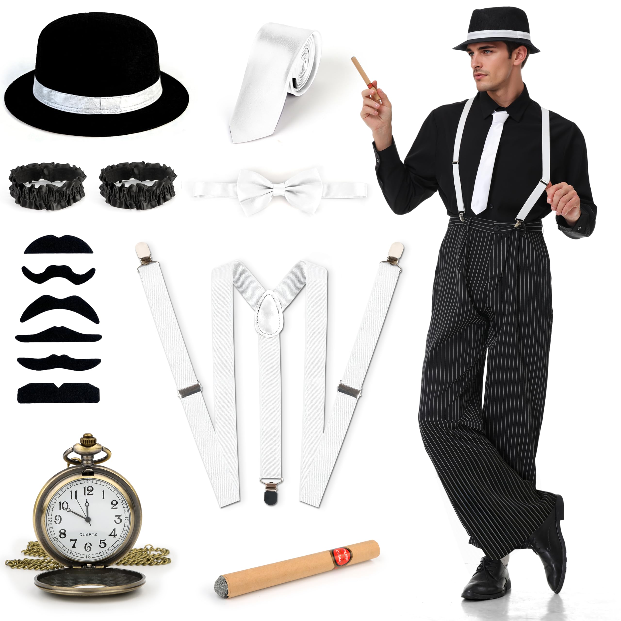 Charmofun Vestiti Anni 20 Uomo, Costume Gangster Uomo Anni ’20 con Camicia, Pantaloni, Bretelle e Cappello, Set di Accessori Mafia Vintage per Carnevale e Feste a Tema (Nero, L)