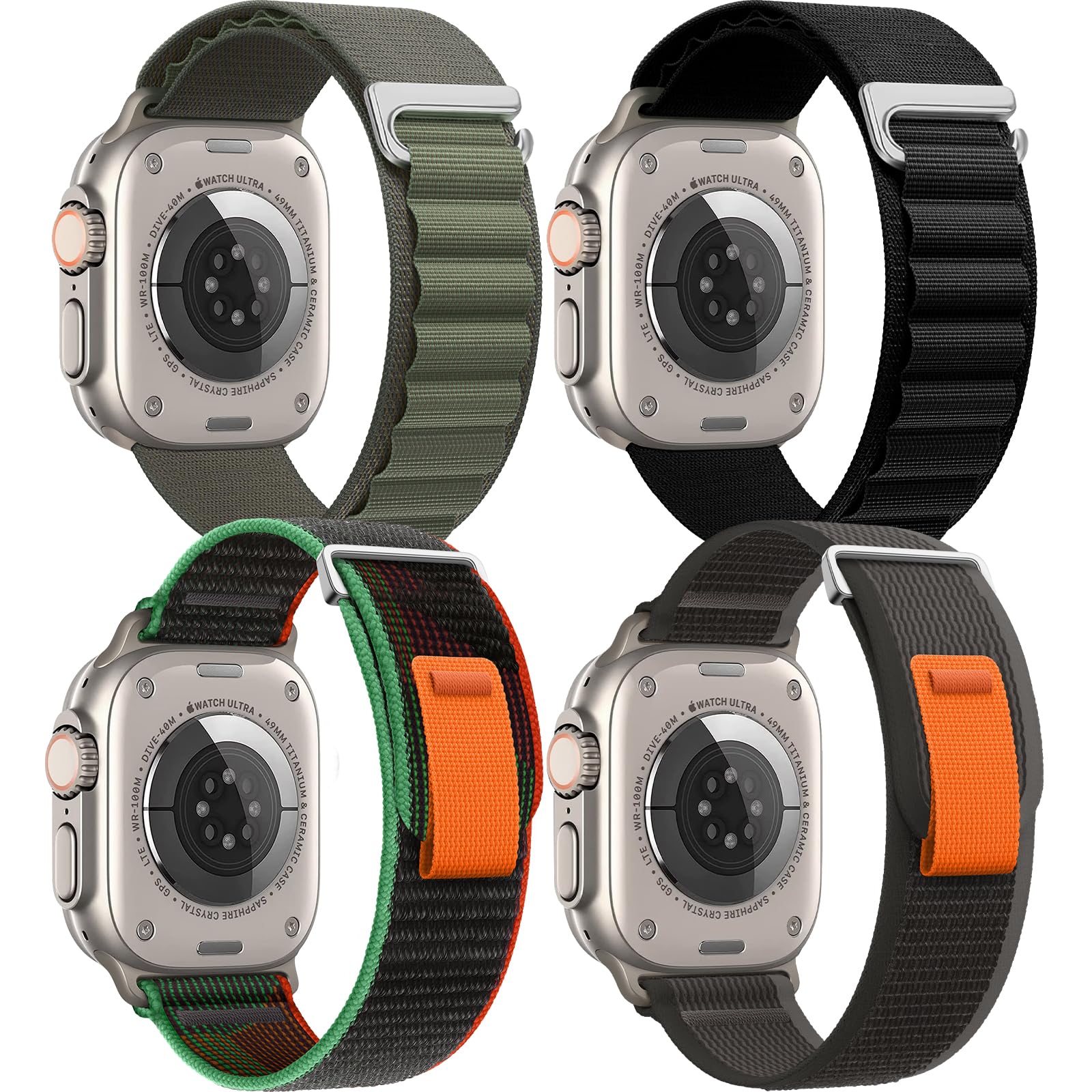 Photo 1 of 4 Pack Alpine Loop + Trail Loop Compatible with Apple Watch Band 42mm 44mm 45mm Men Women, Metal Link Adjustable Sport Elastic Nylon Strap for iWatch Series Ultra/SE/8/7/6/5/4/3/2/1, BK/BKU/GR/BK F-?Metal?Grey/Black Unity+C-Hook-Orange/Black 42/44/45mm