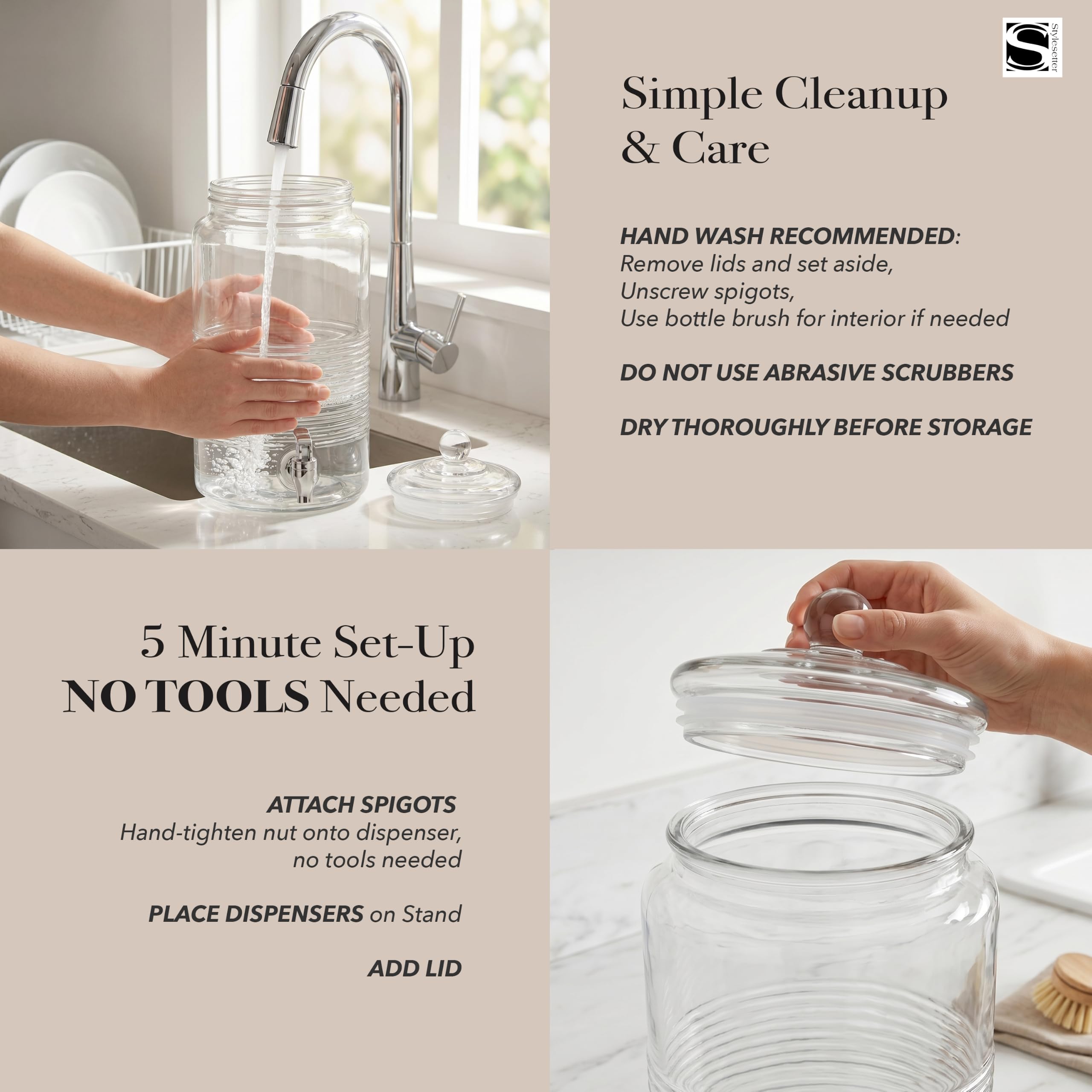 Dispensador de bebidas frías Style Setter con jarra de vidrio de 1.9 galones, tapa de vidrio y espiga acrílica a prueba de fugas, ideal para fiestas, bodas y más