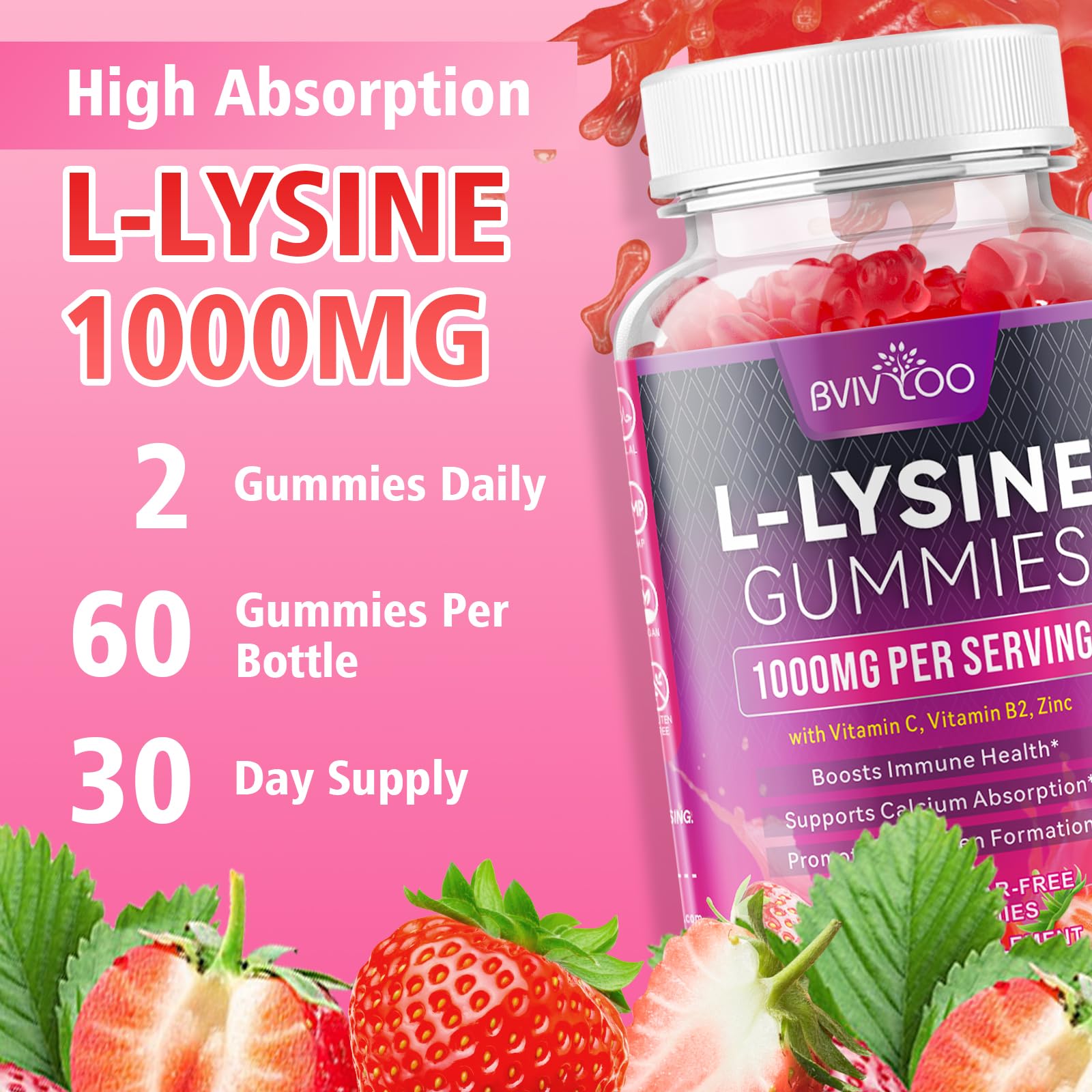 L-Lysine 1000mg Gummies for Immune Support & Skin Health - High Potency Vegan Gummies, Sugar-Free, Natural Berry Flavor, Gluten-Free Chewable Supplement for Adults & Kids - 60 Gummiess — Amazon image 6
