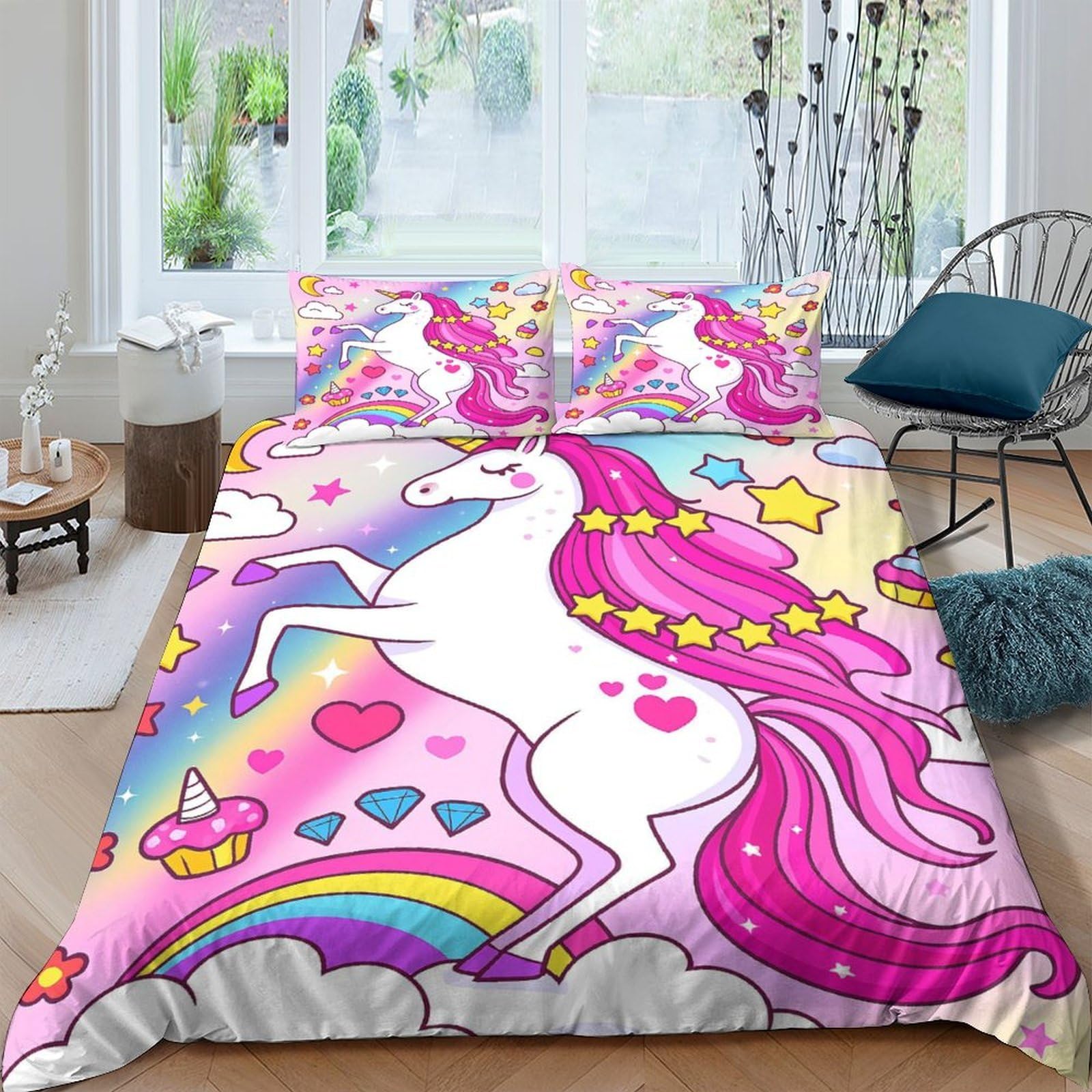 Ctjqhvkz Style-10 3D Printed Unicorn Rainbow Fitted Sheet Microfiber Pink Cartoon Bed Cover For Bedroom Dorm Room Mattress Protection Decor Single（135X200cm）