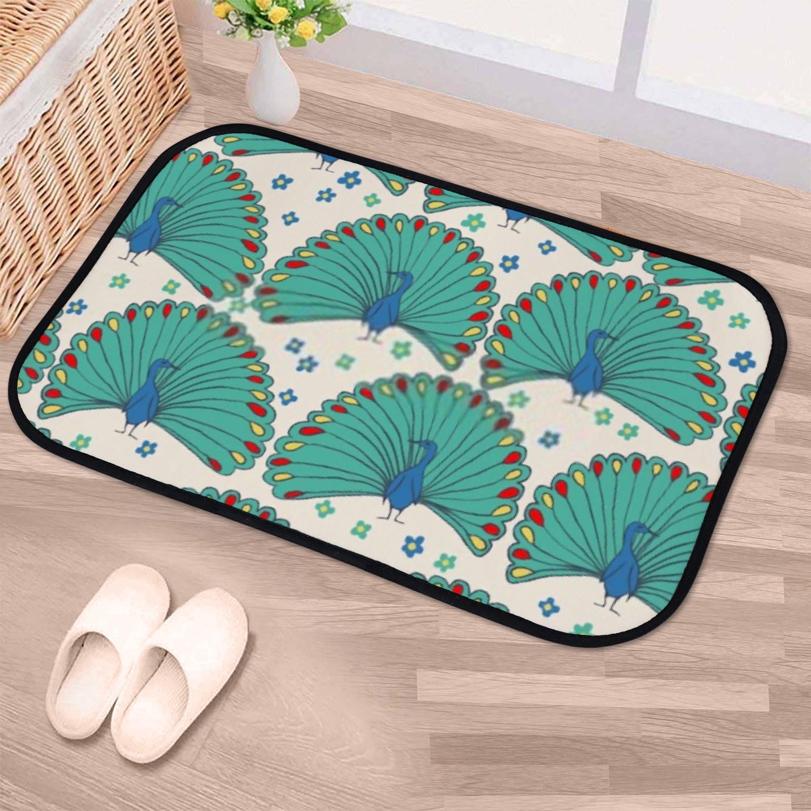 Nuansexi Bathroom Rugs Seamless Peacocks Green Floor Mats Non Slip Bathmat Doormat Tub Mat Coral Velvet Absorbent Entrance Carpet Mats Machine Washable Bedroom Decor