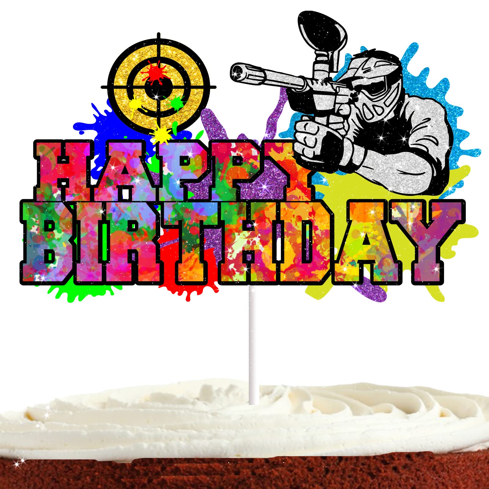 Bijeoda Paintball Birthday Cake Topper for Boys Men Shooting Competition Paintball Party Supplies Shooting War Game Party Decorations Paintball Mask Paint Paintballer Air Gun Cake Decor