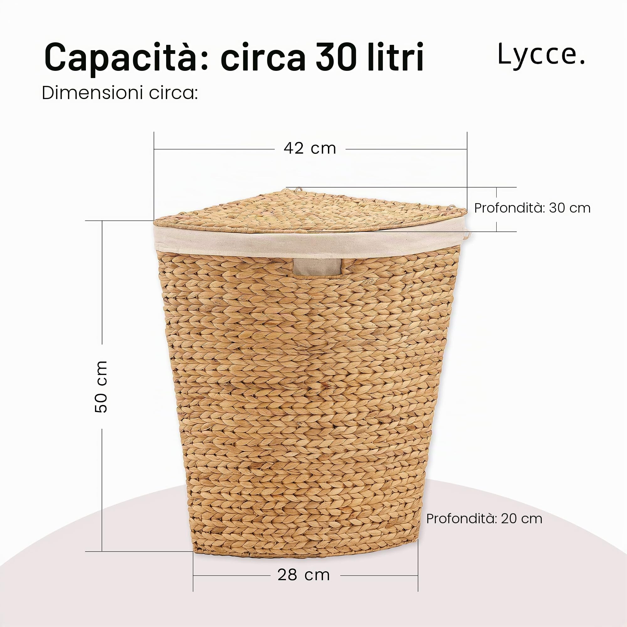 Lycce Cesto portabiancheria con coperchio, 30 l, in giacinto d'acqua, rettangolare, salvaspazio, design naturale, piccolo
