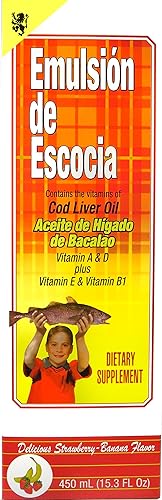 Emulsion De Escocia Aceite De Pescado De Hígado De Bacalao 15.3 Oz Fresa Plátano Vitamina A, D & E