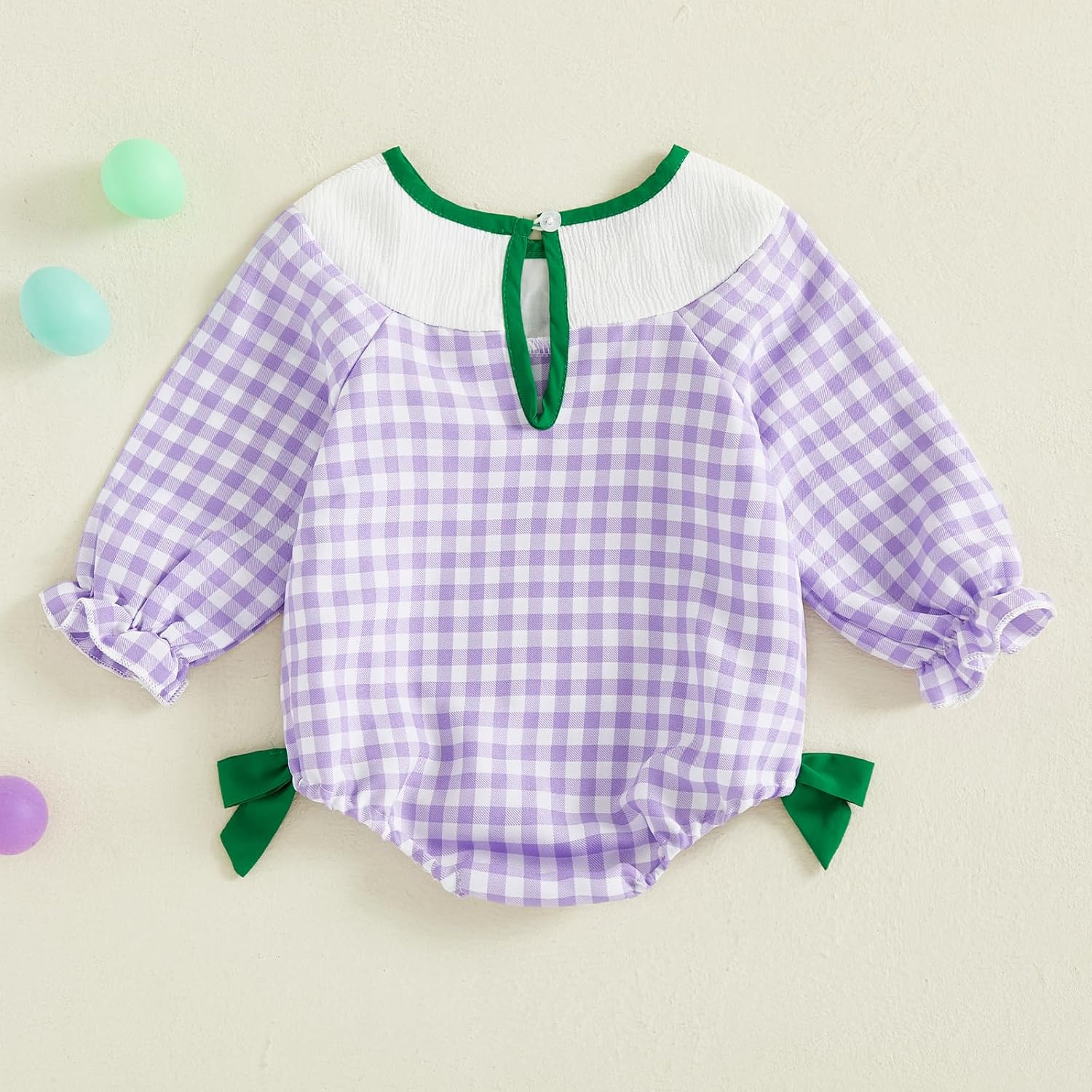 Newborn Baby Girl Mardi Gras Outfit Letter Embroidery Plaid Print Long Sleeve Smocked Bubble Romper Carnival Clothes - Image 4